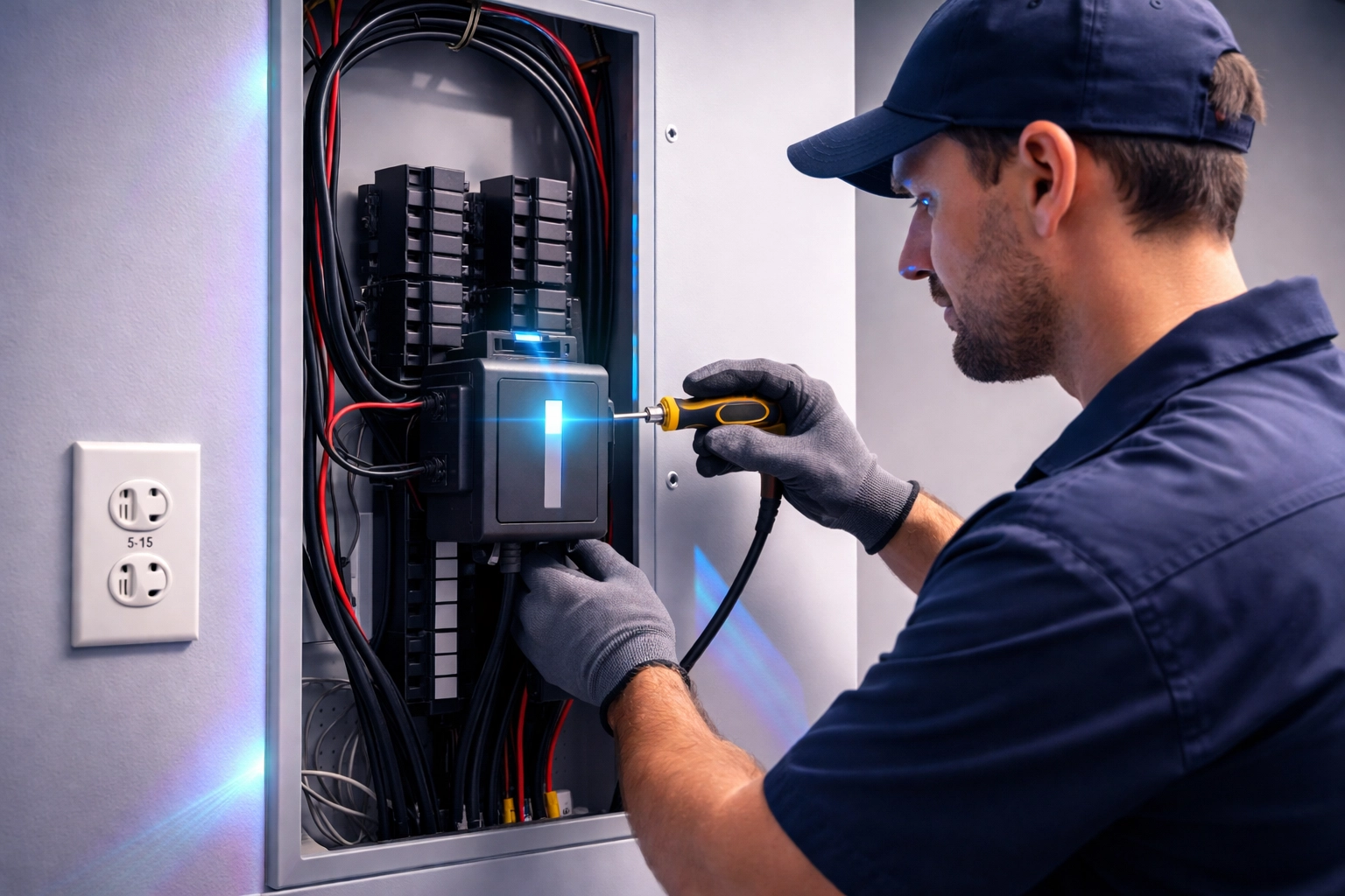 Licensed electrician installing a whole house surge protector in a US-style breaker panel for home electrical safety