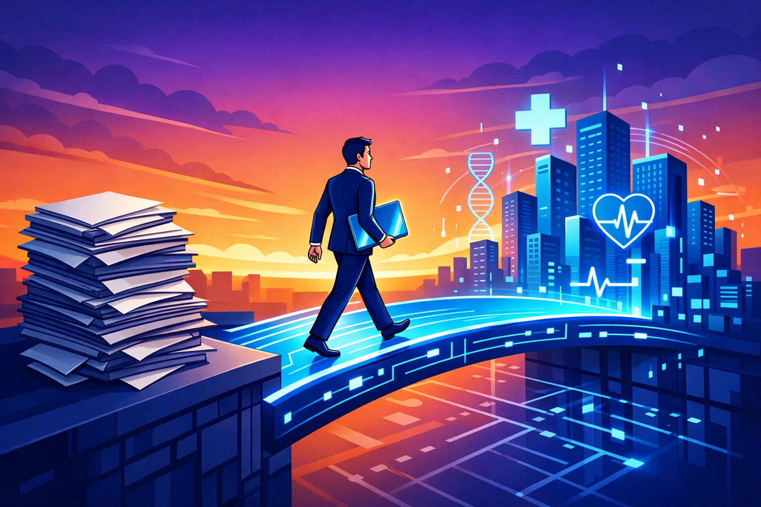 An illustration of a professional transitioning from traditional files to a digital healthtech compliance career.