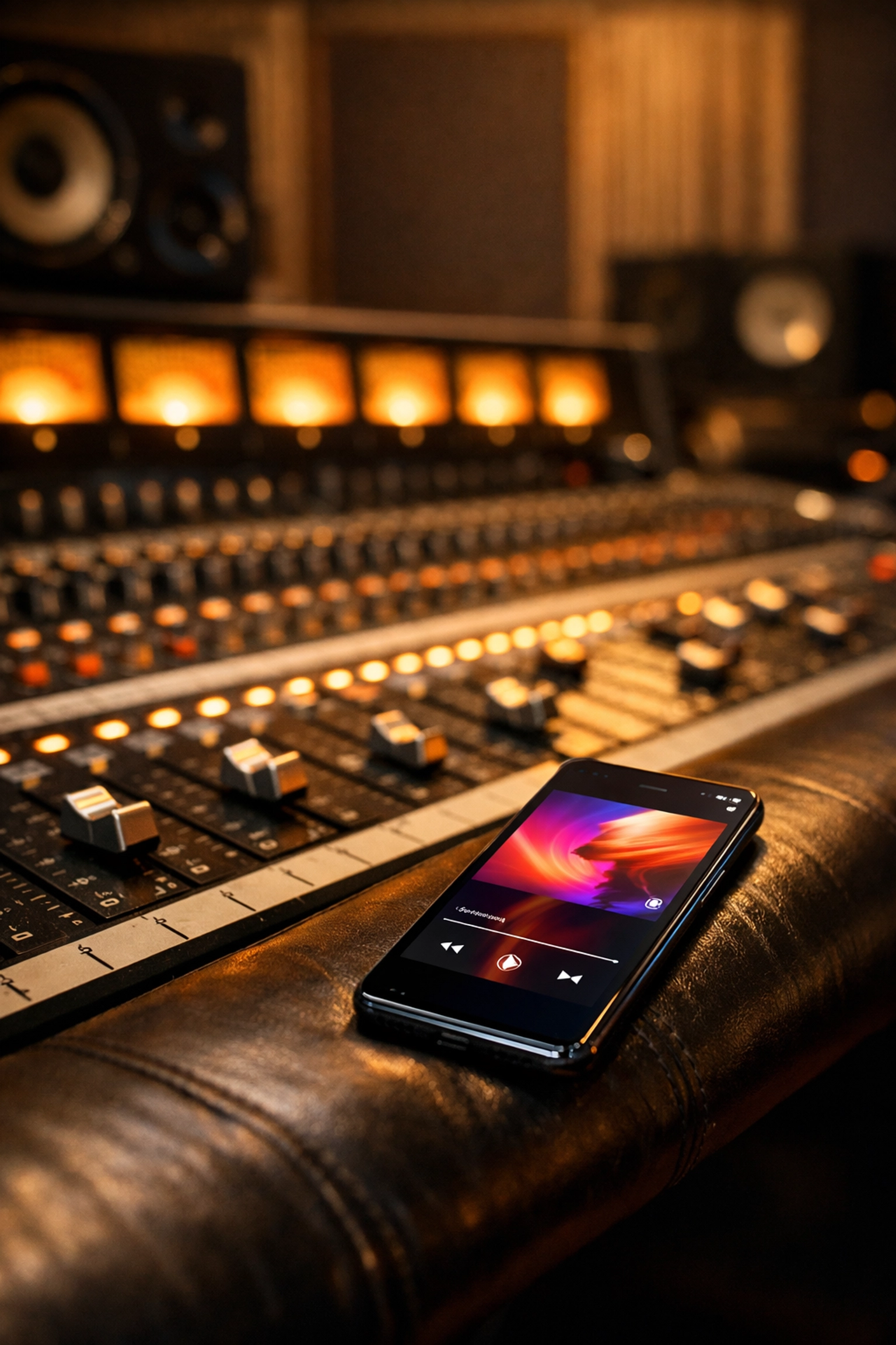 A professional recording studio console with a smartphone displaying a Spotify artist profile to optimize music reach.