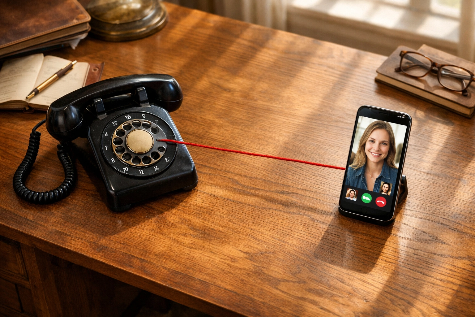 Traditional phone and smartphone connected showing multi-channel verification for fraud prevention