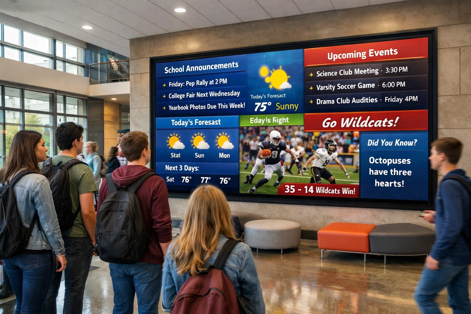 High school students engaging with dynamic digital signage in modern campus common area