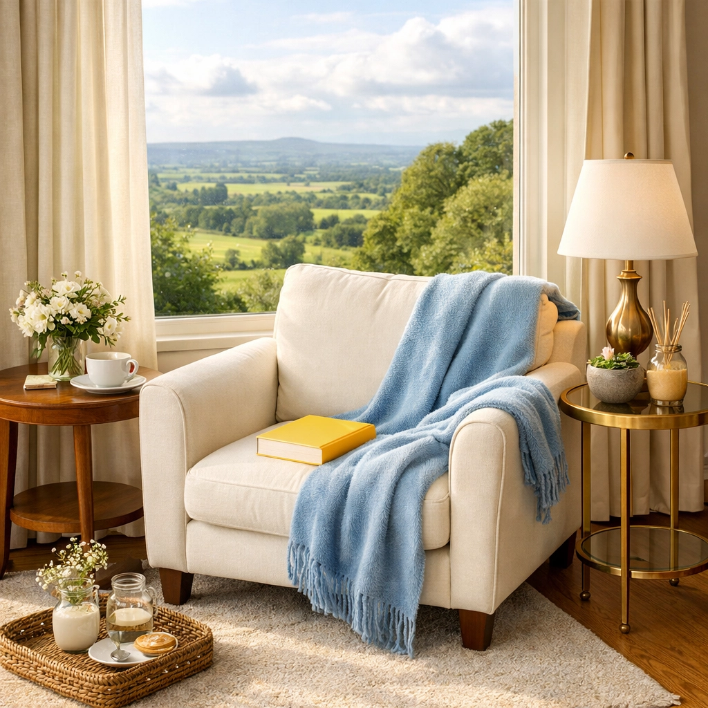 A tidy and dust-free reading nook in a Bolton, MA home, perfect for a stress-free weekend.