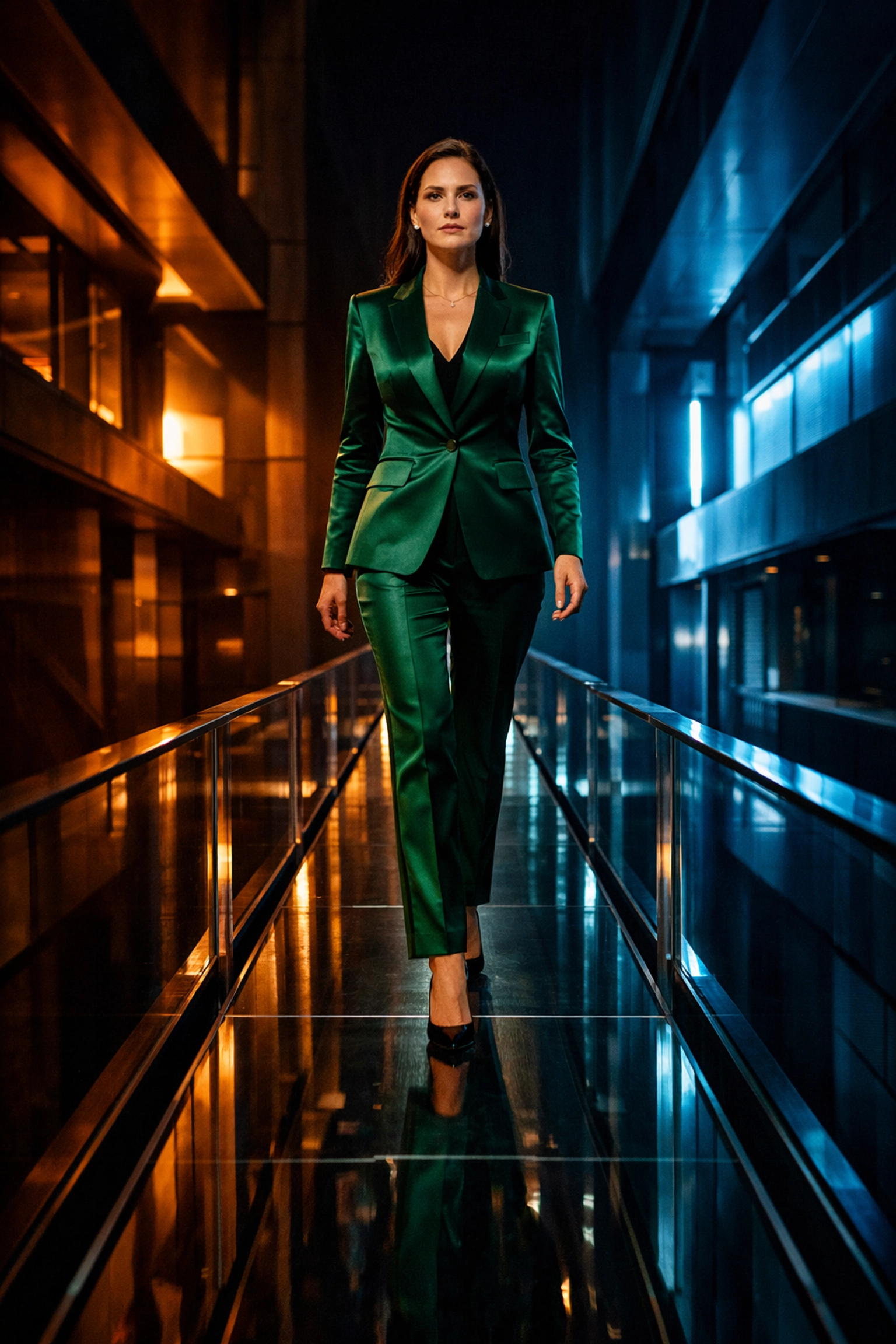 A woman in a green suit walking a narrow path, symbolizing the complex expectations placed on professional women. A woman in a green suit walking a narrow path, symbolizing the complex expectations placed on professional women.