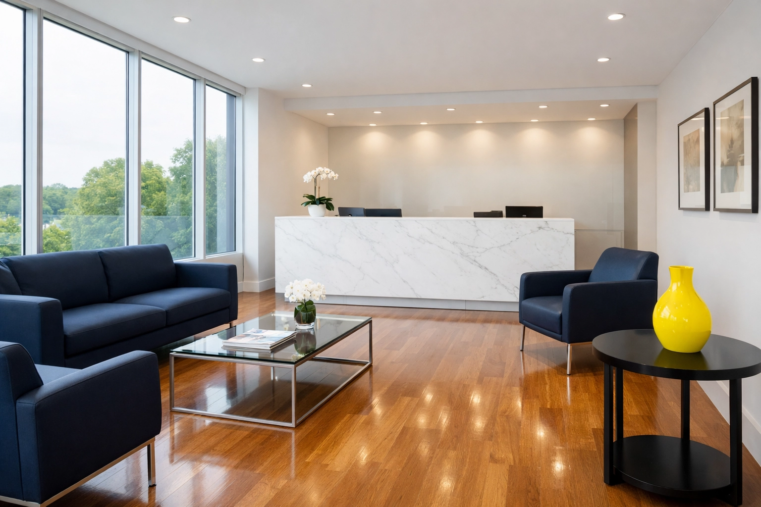 A spotless and welcoming medical waiting room in Newton featuring clean modern furniture and floors.