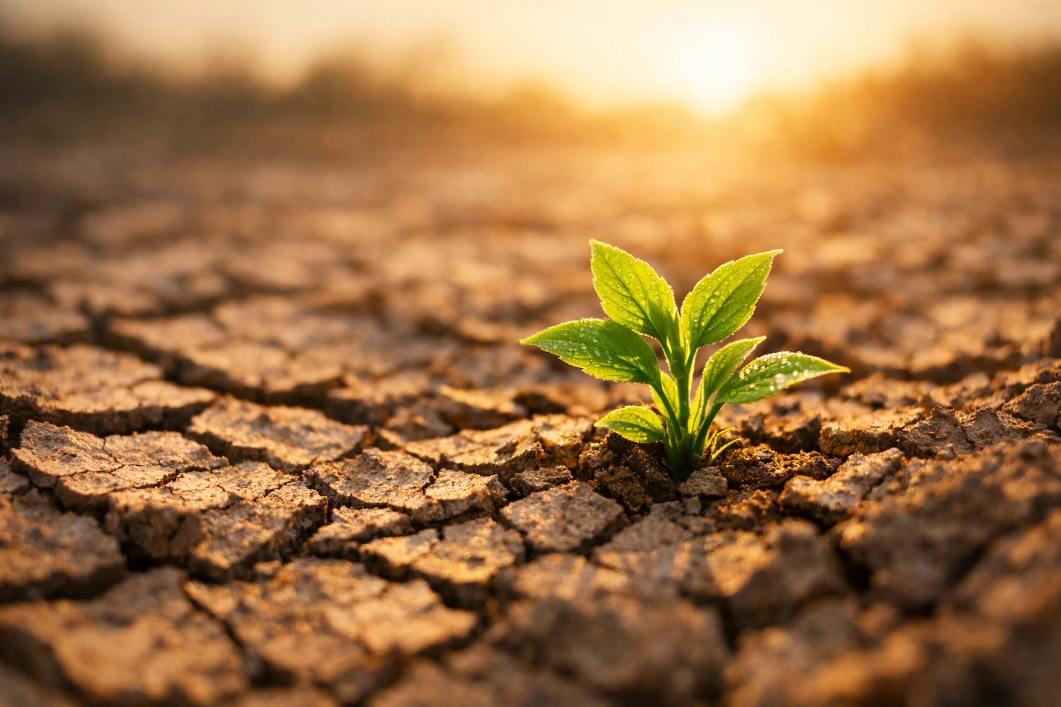 Plant sprouting through drought-cracked earth symbolizing hope and environmental stewardship