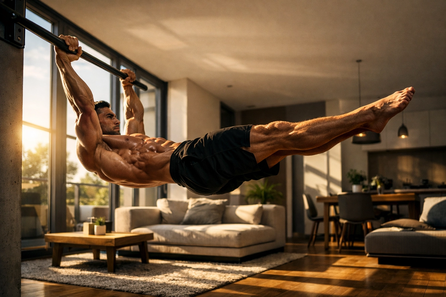Muscular athlete performing a calisthenics front lever during a bodyweight workout at home.