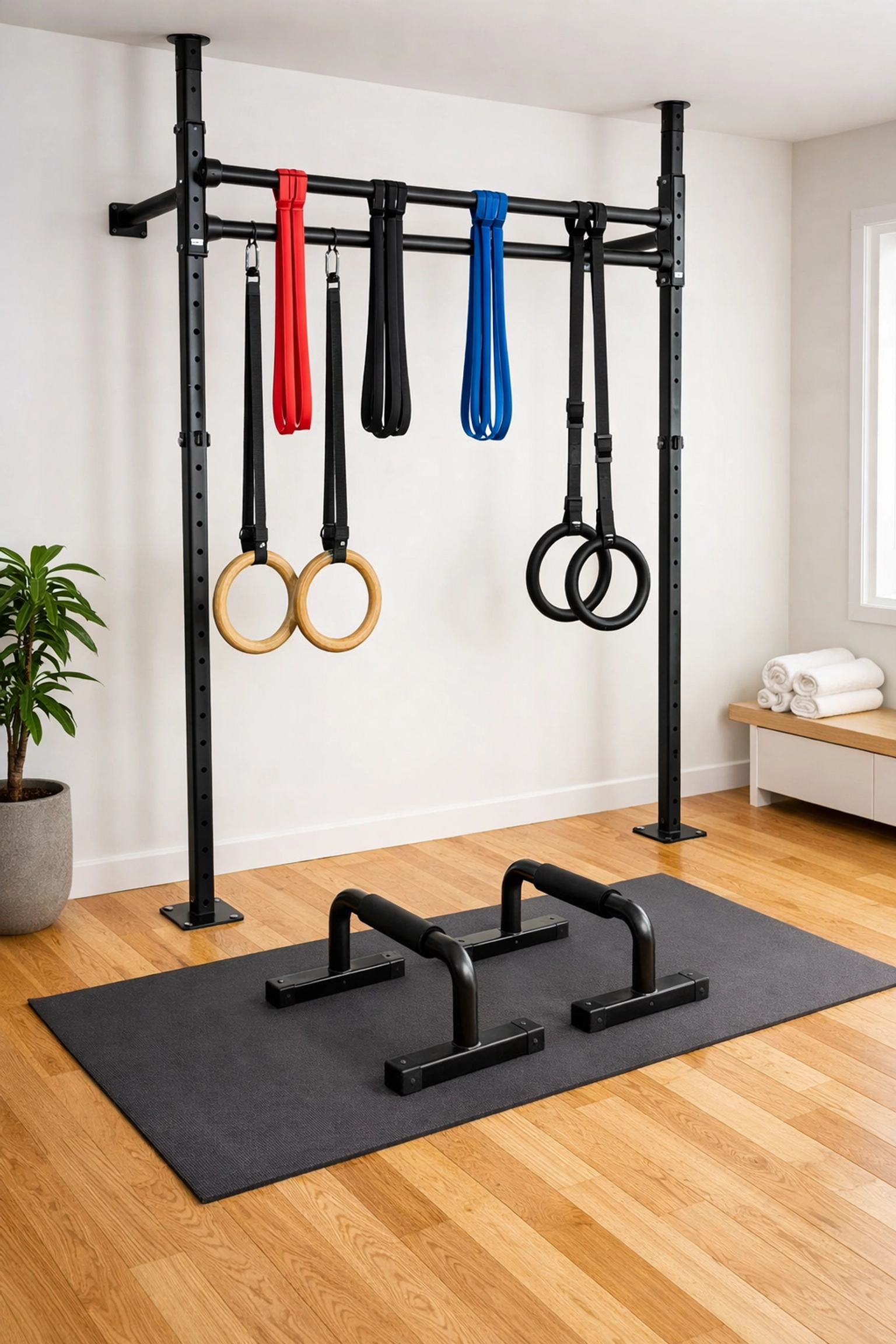 Complete home calisthenics equipment setup with pull-up bar, resistance bands, and rings