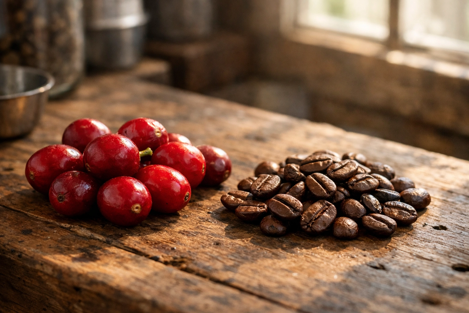 Fresh red coffee cherries next to roasted specialty coffee beans from quality coffee suppliers.