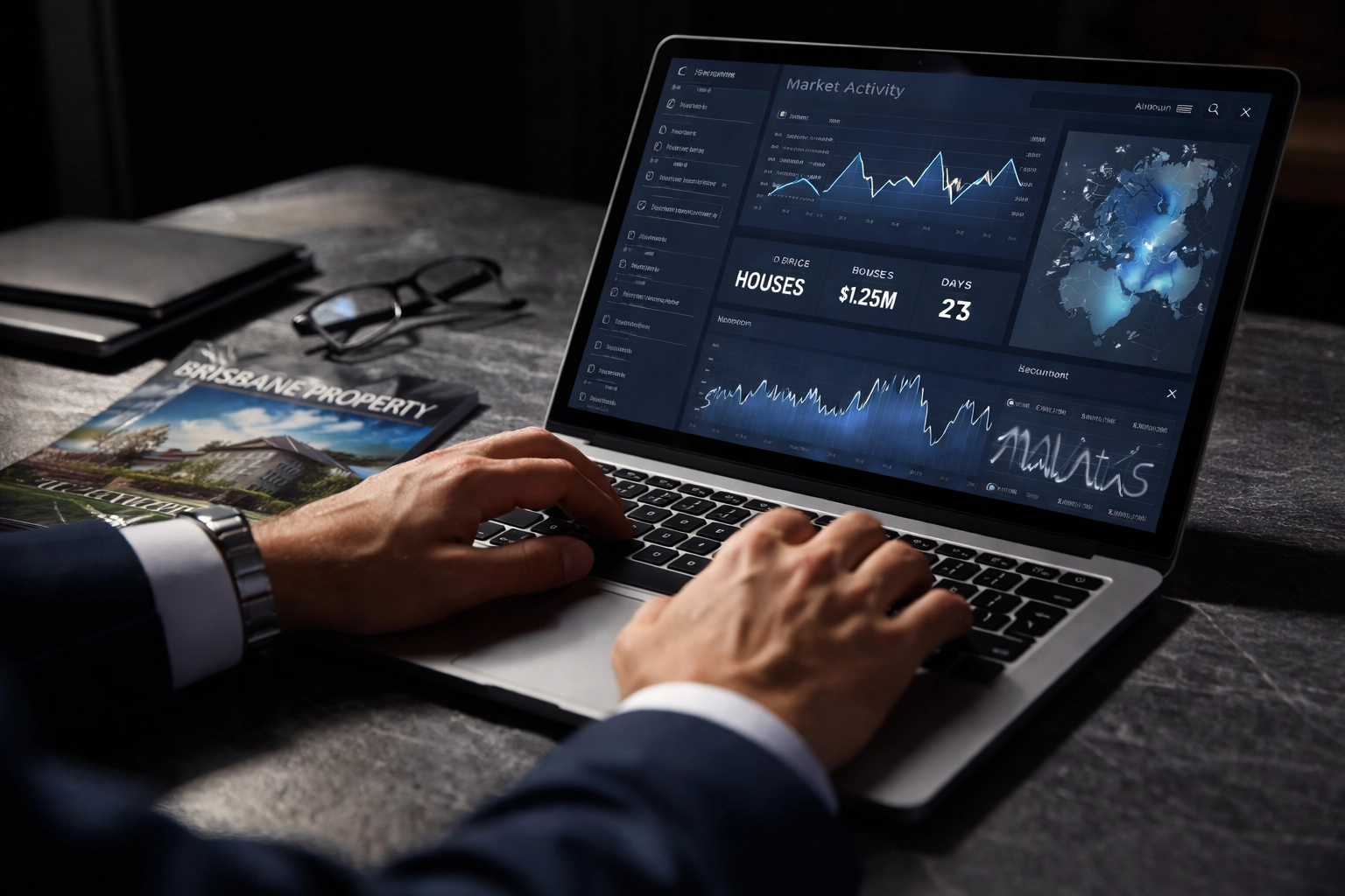 Brisbane real estate agent analyzing suburb market data and website analytics to optimize local authority content.