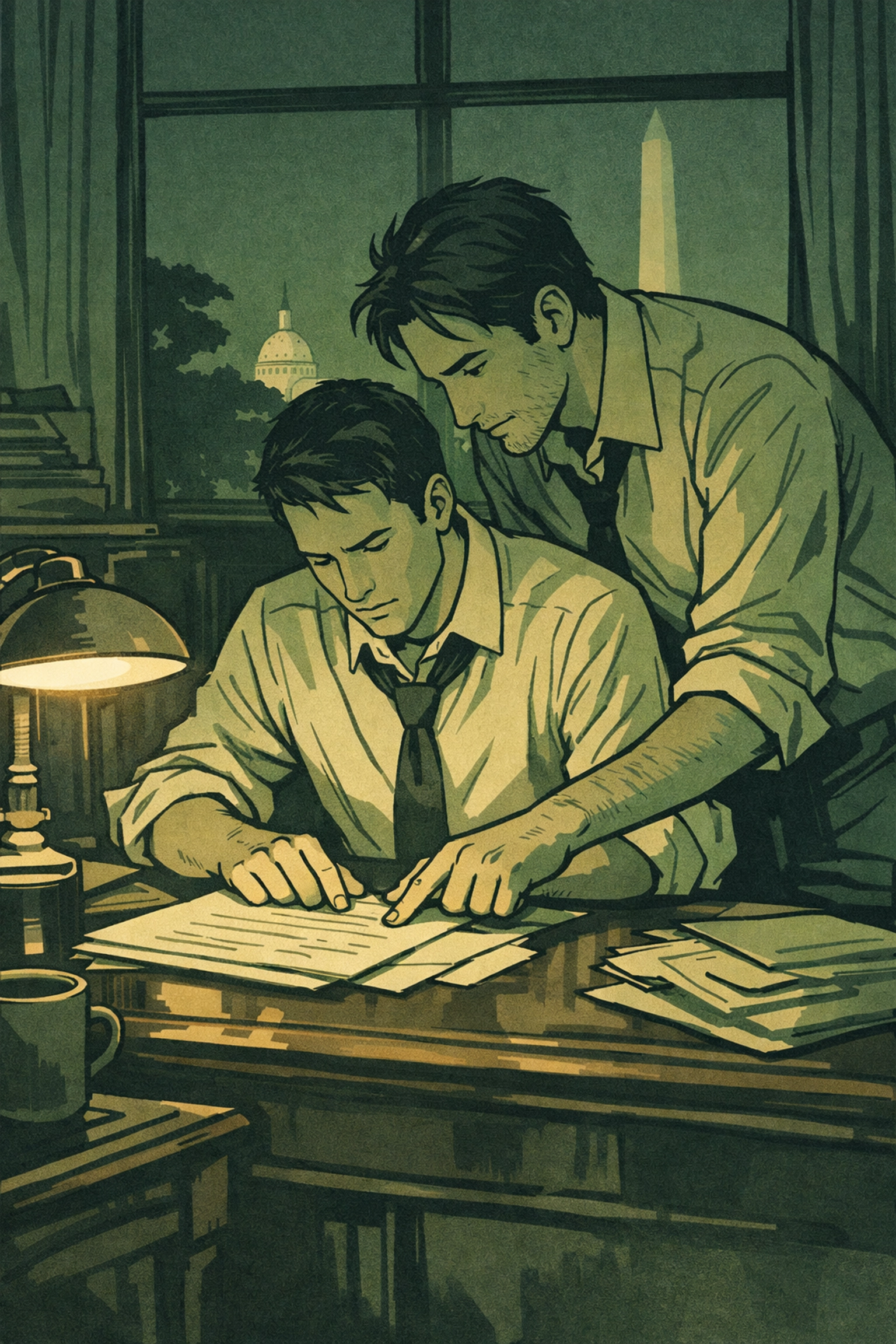 Senator and speechwriter working late in Senate office - MM political romance scene