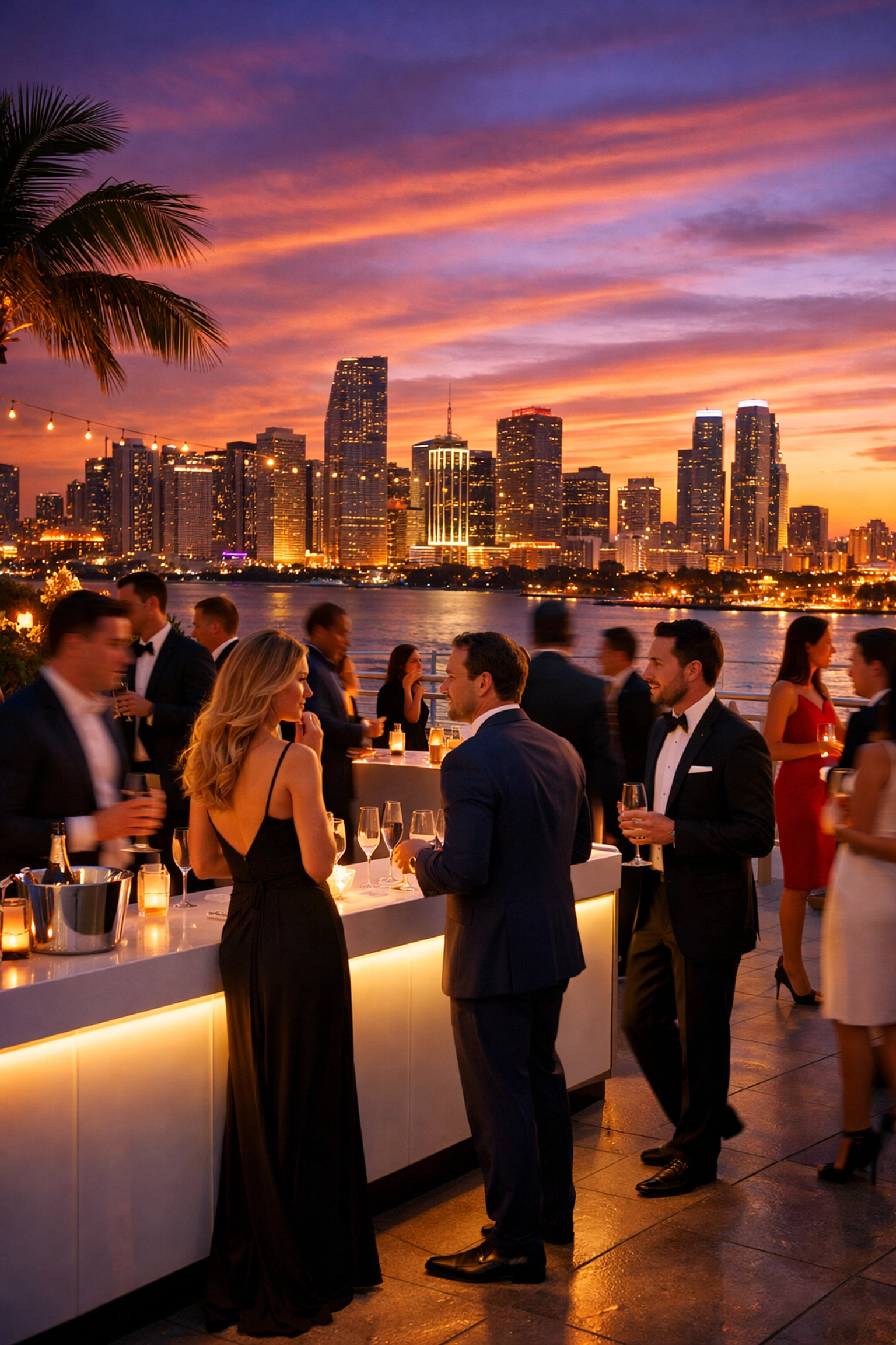 Guests networking at a luxury corporate gala on a Miami rooftop terrace with skyline views.