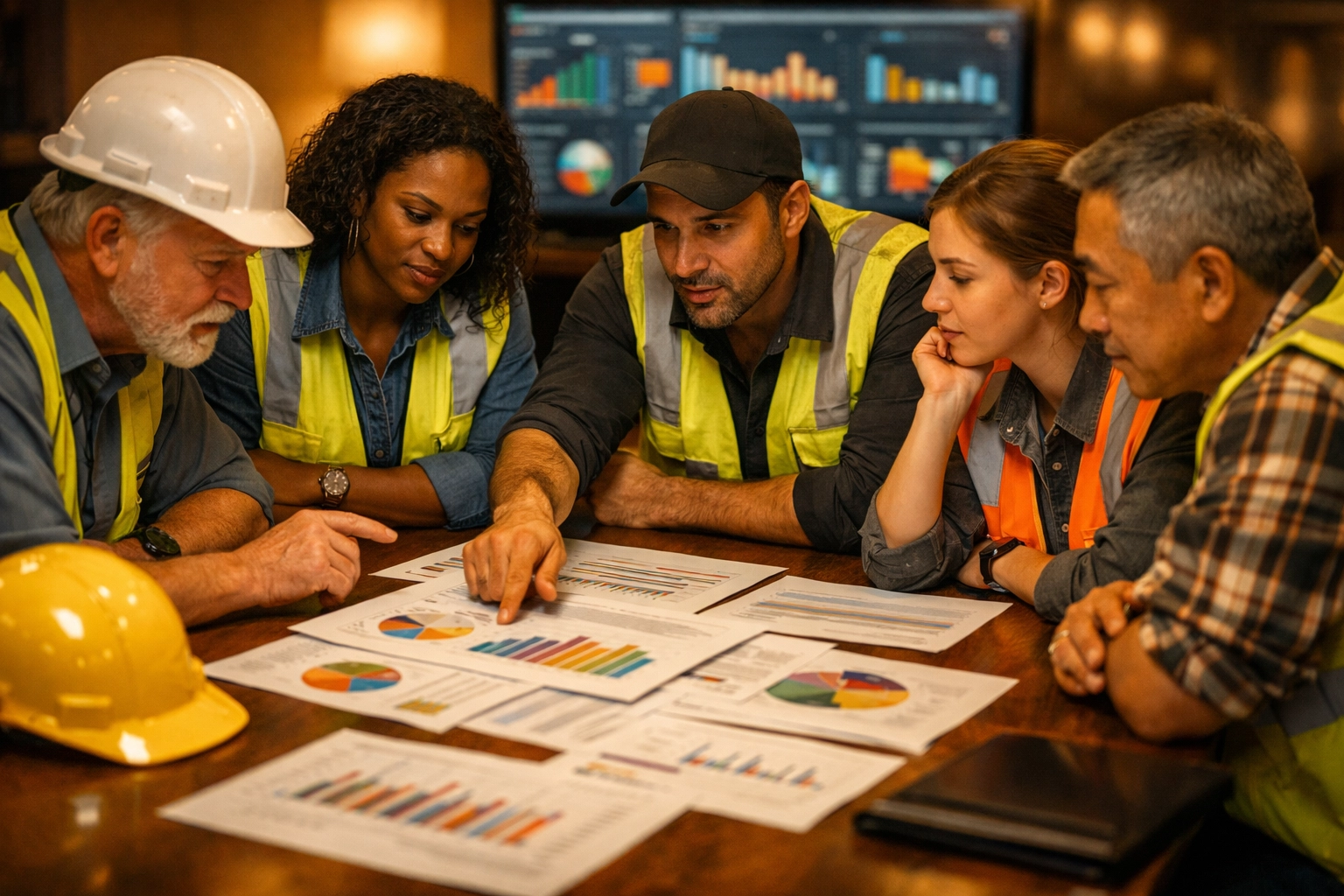 Safety team analyzing data charts and discussing workplace safety metrics collaboratively