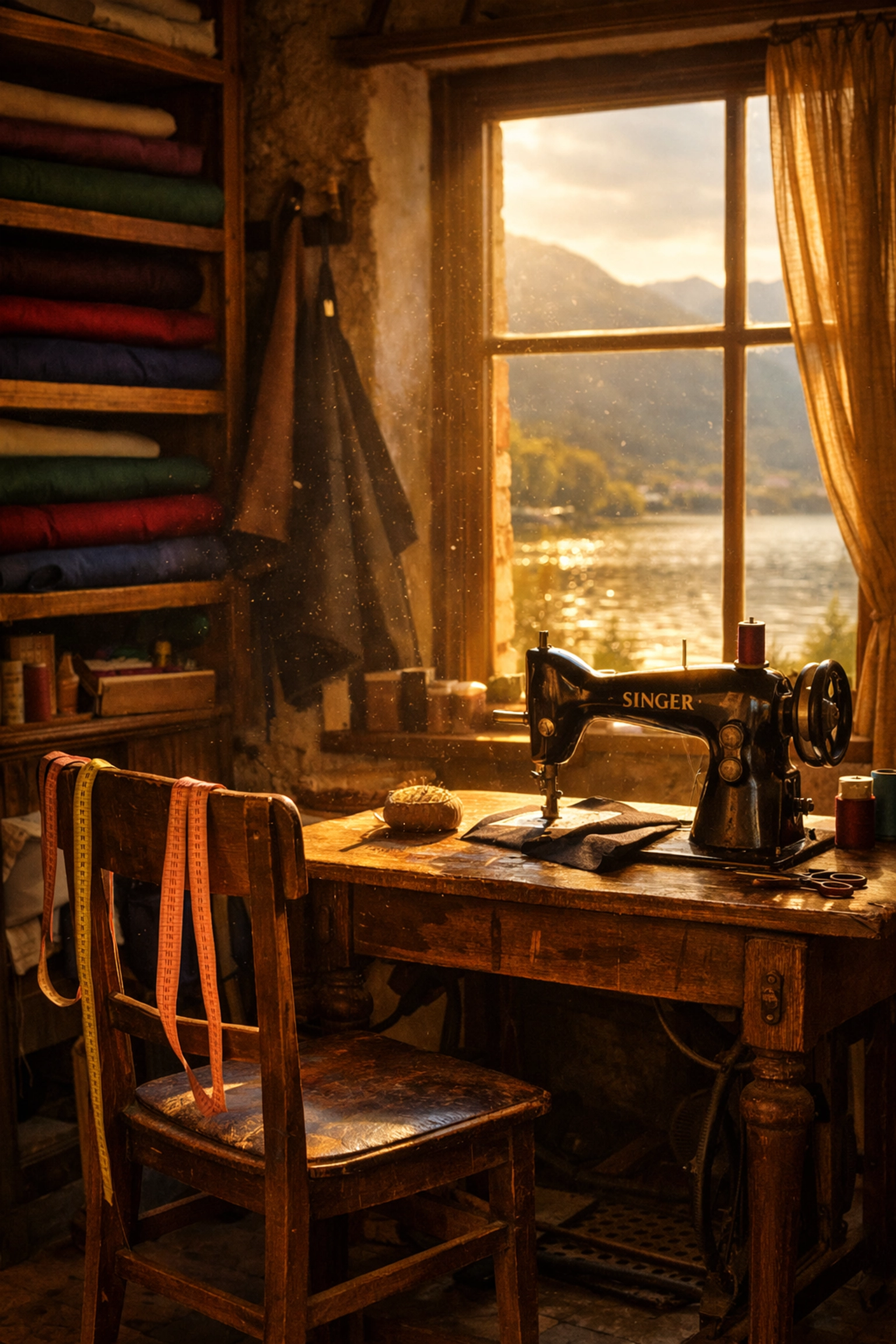 Traditional Greek tailor's workshop in Ioannina with vintage sewing tools and afternoon sunlight