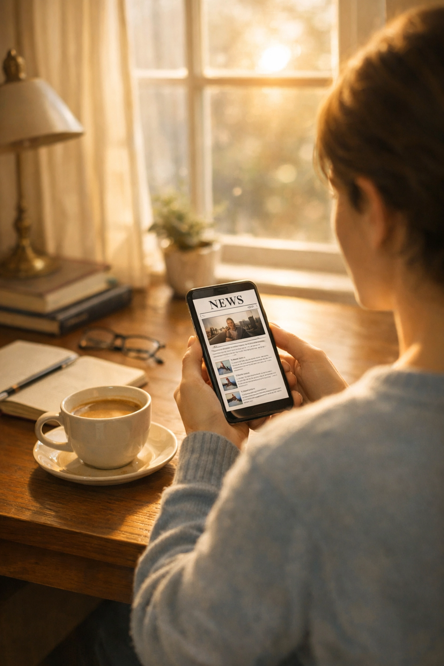 Person reading news calmly at desk with coffee, practicing mindful media consumption to reduce anxiety