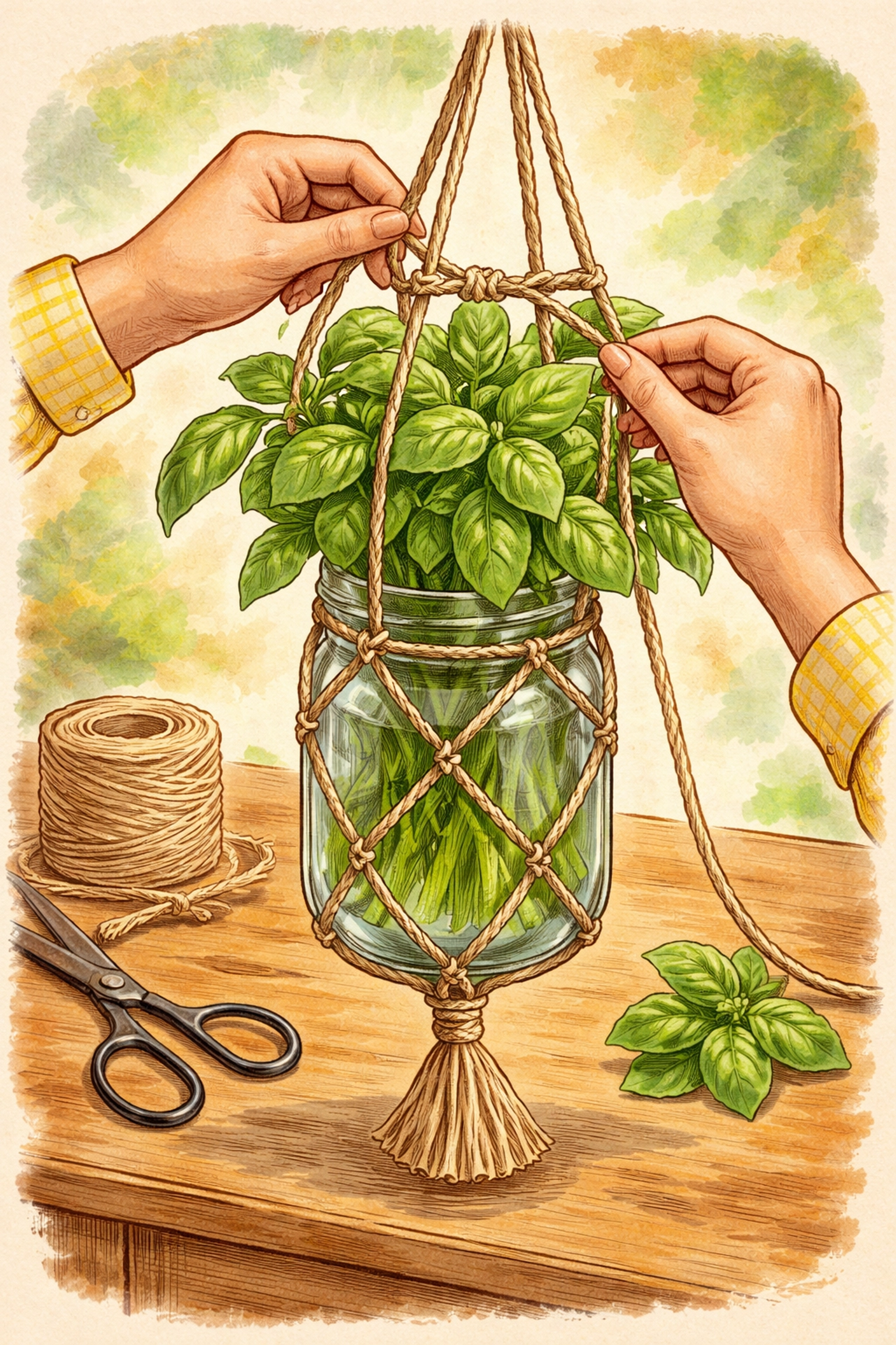 Hands tying twine around a mason jar with a basil plant to make a hanging herb garden holder