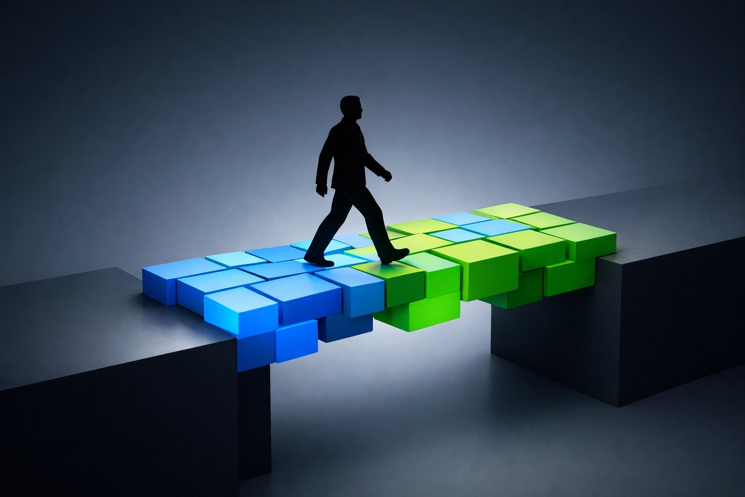 A person stepping onto a solid platform bridge symbolizing a strong business system foundation.