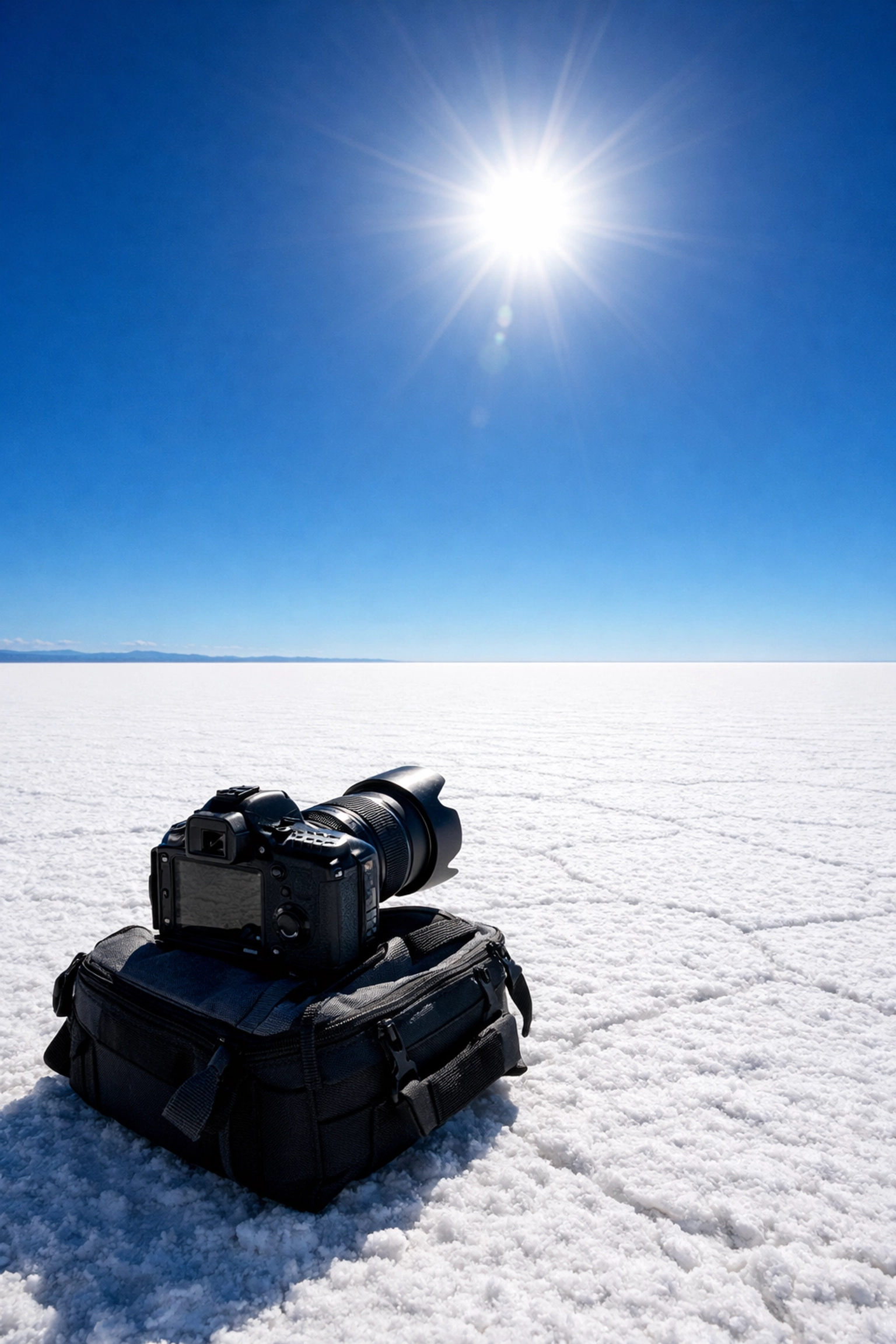 Professional camera on a salt flat used to balance exposure in manual mode under harsh sun.