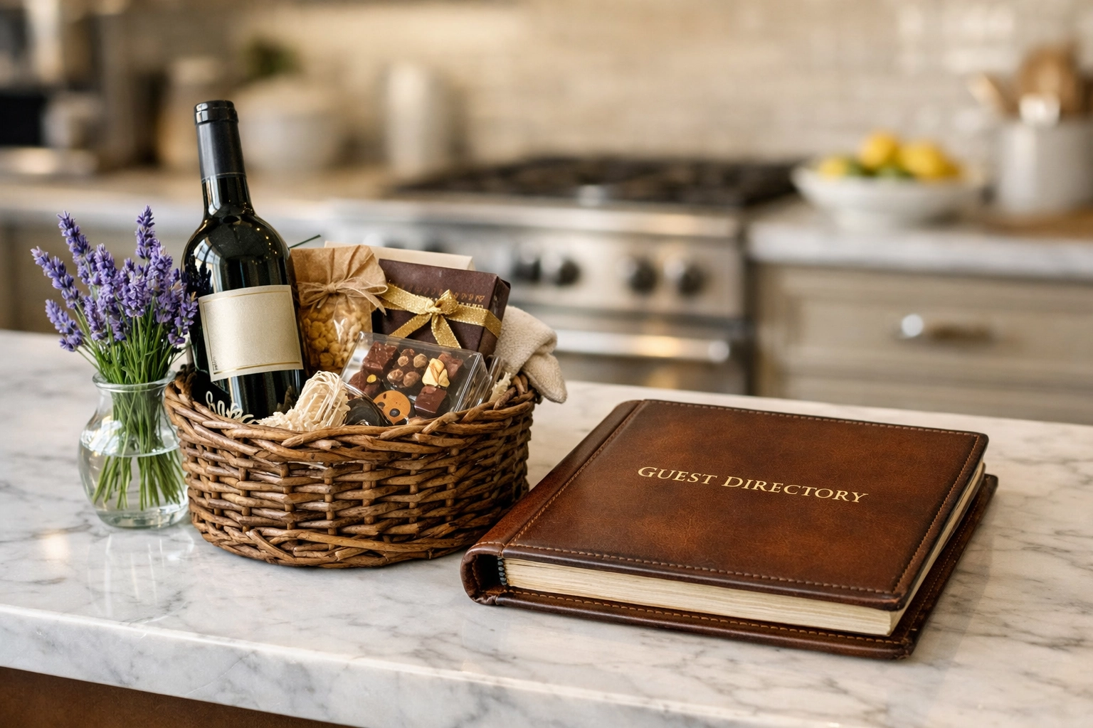 High-end guest welcome basket with wine and amenities showcasing luxury property management services.