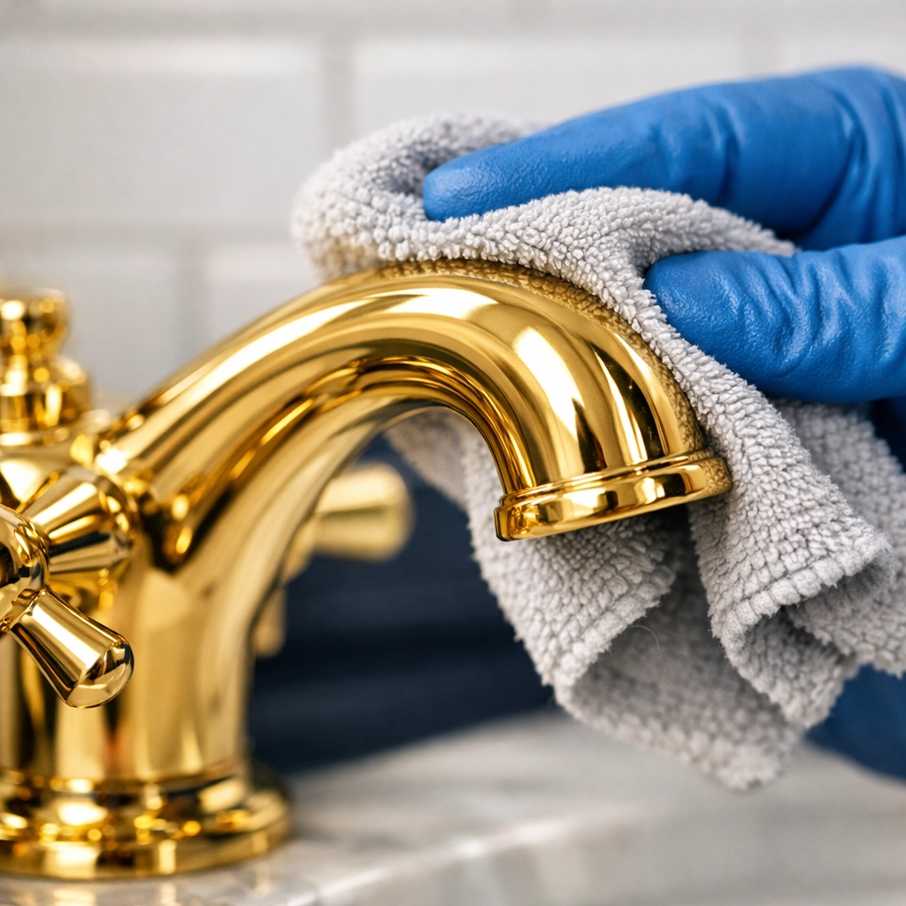 Professional cleaners detailing a gold bathroom fixture during a high-end residential cleaning Lexington MA visit.