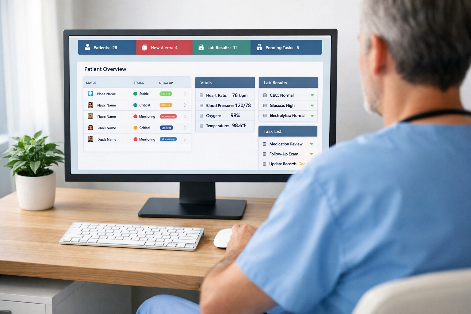 Healthcare professional using automated prior authorization software on digital dashboard