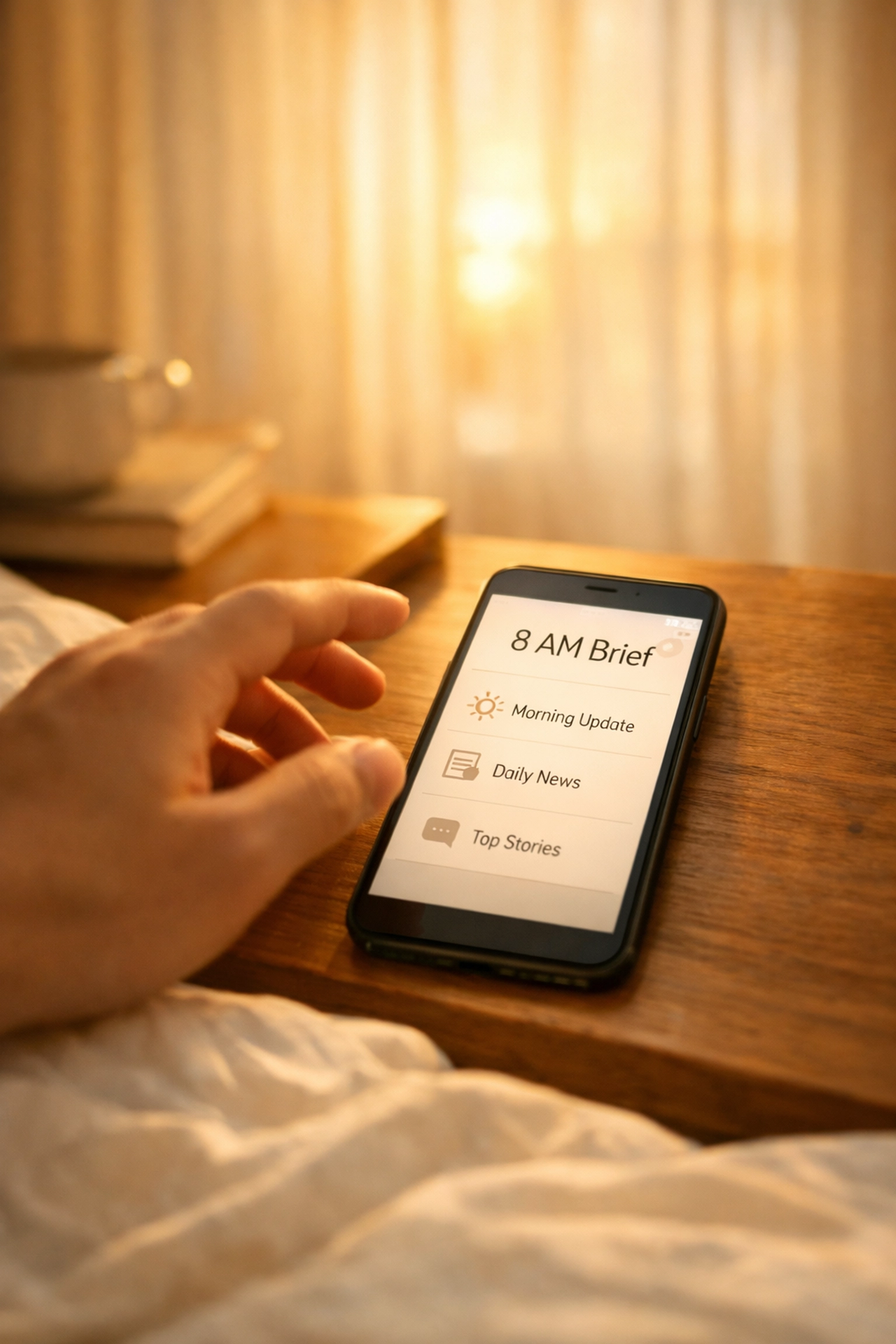 Person reaching for smartphone displaying 8 AM Breakfast Brief on nightstand in peaceful morning light