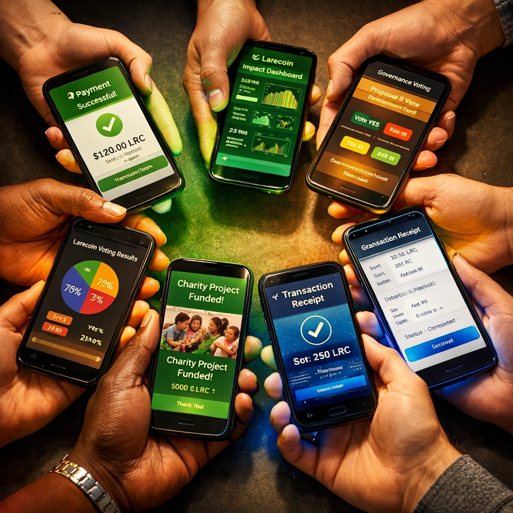 Diverse community using Larecoin ecosystem features including DAO governance and mobile payments