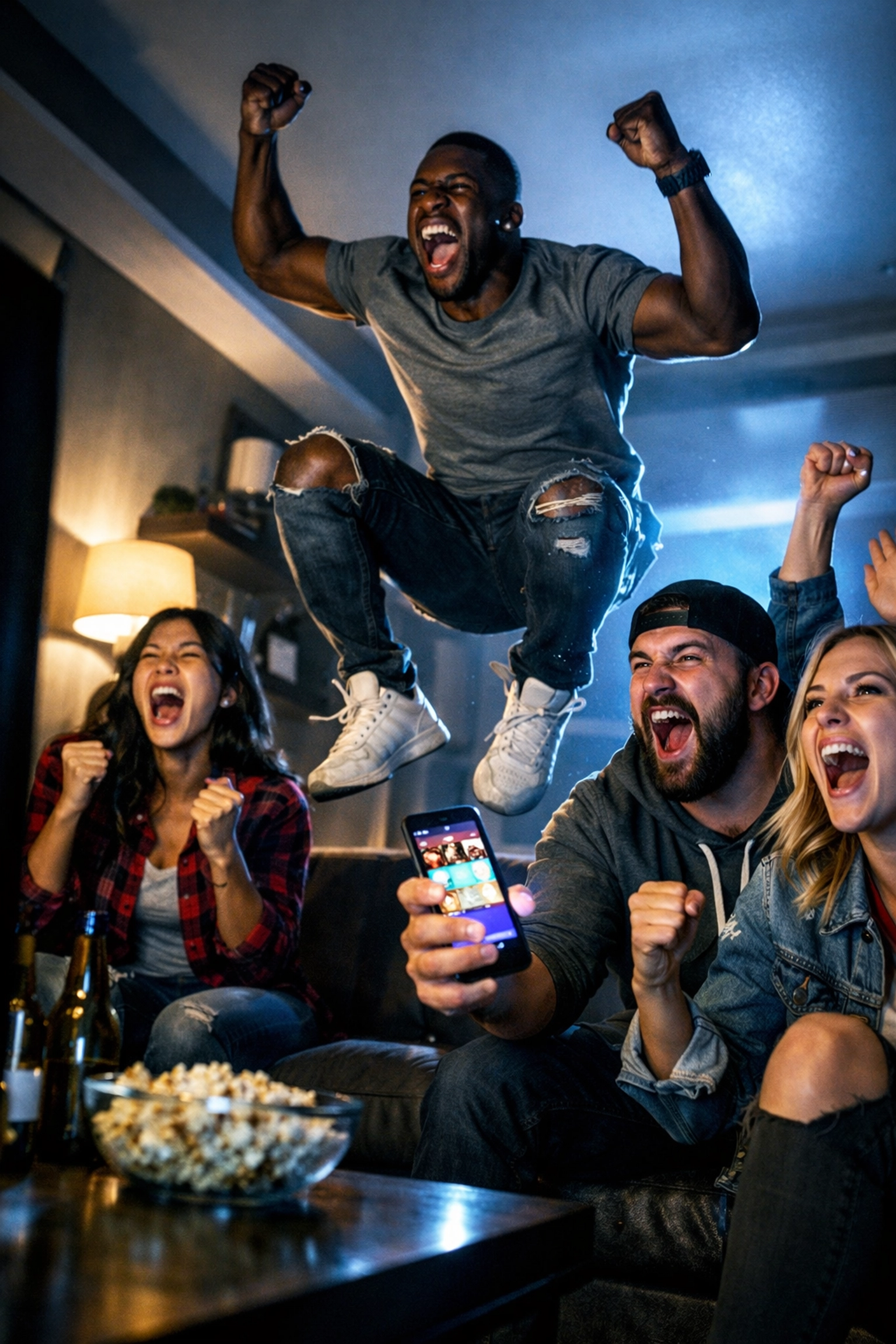 Excited fans engaging with a brand's interactive Super Bowl campaign on smartphones in a modern living room.