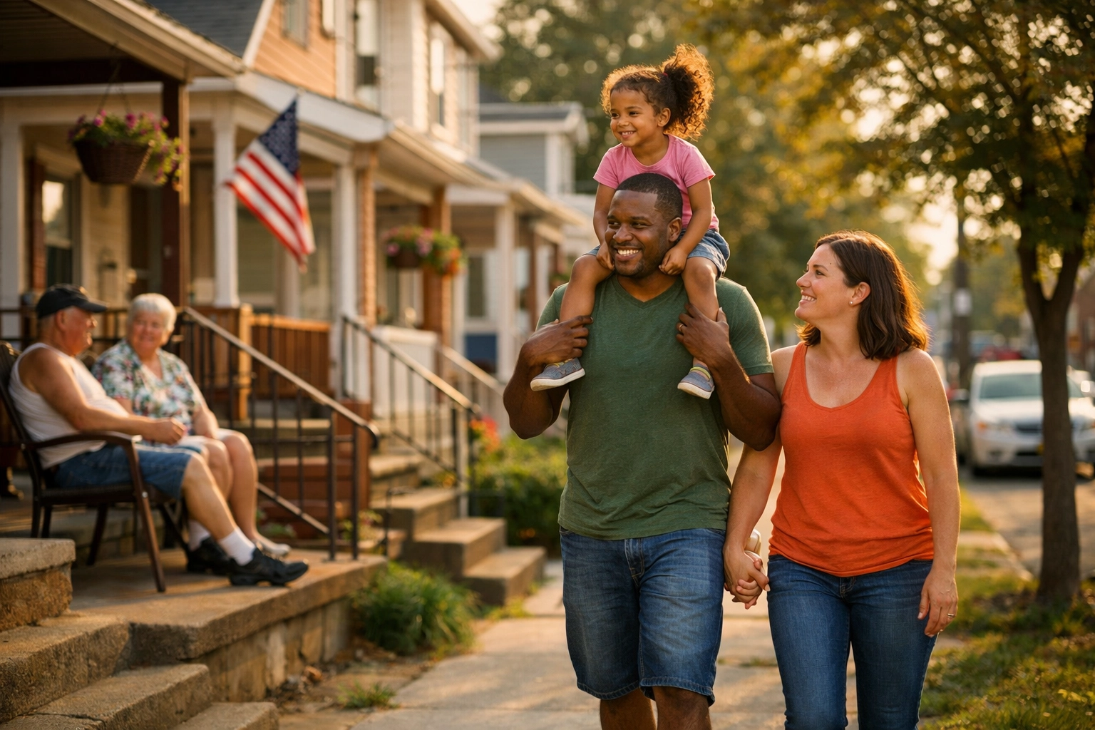 South Jersey family walking through residential neighborhood building community connections