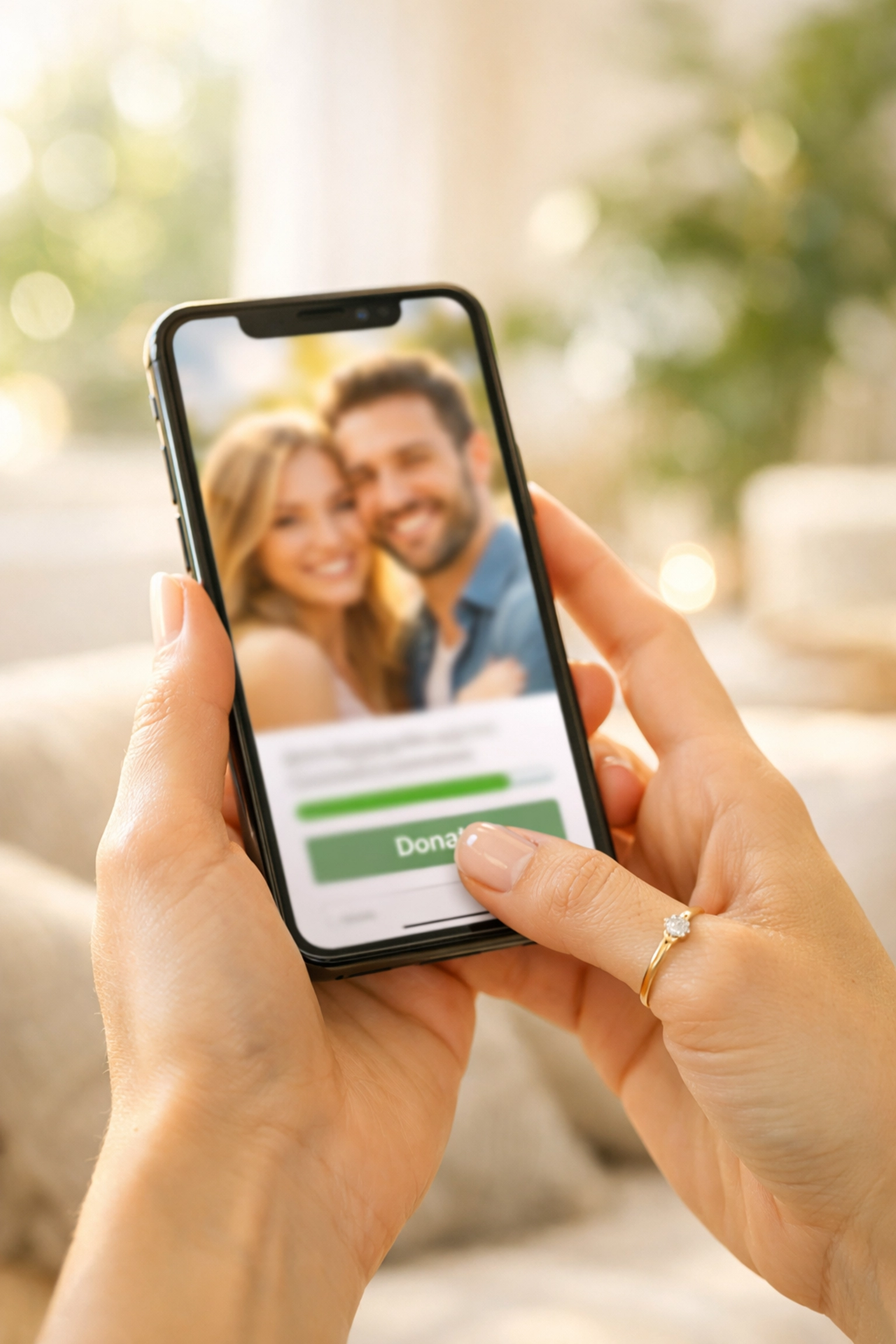 Close-up of a digital wedding registry on a mobile phone held by an engaged couple.