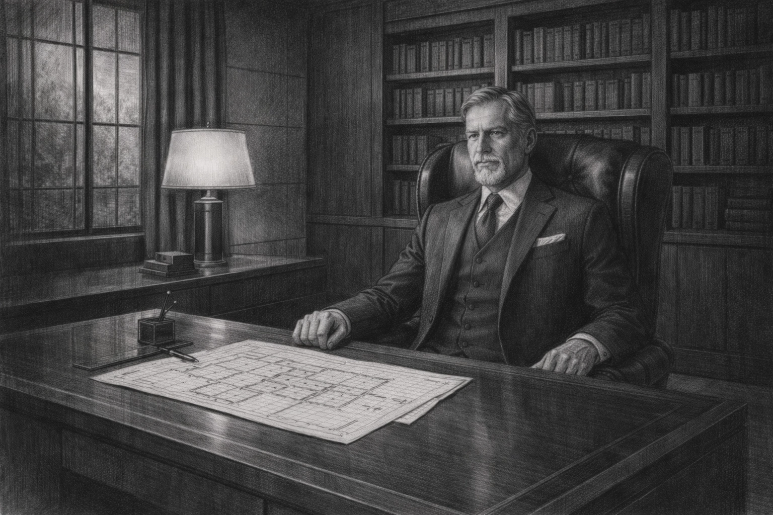 Bespoke three-piece suit draped in elegant private study with mahogany desk and floor-to-ceiling books