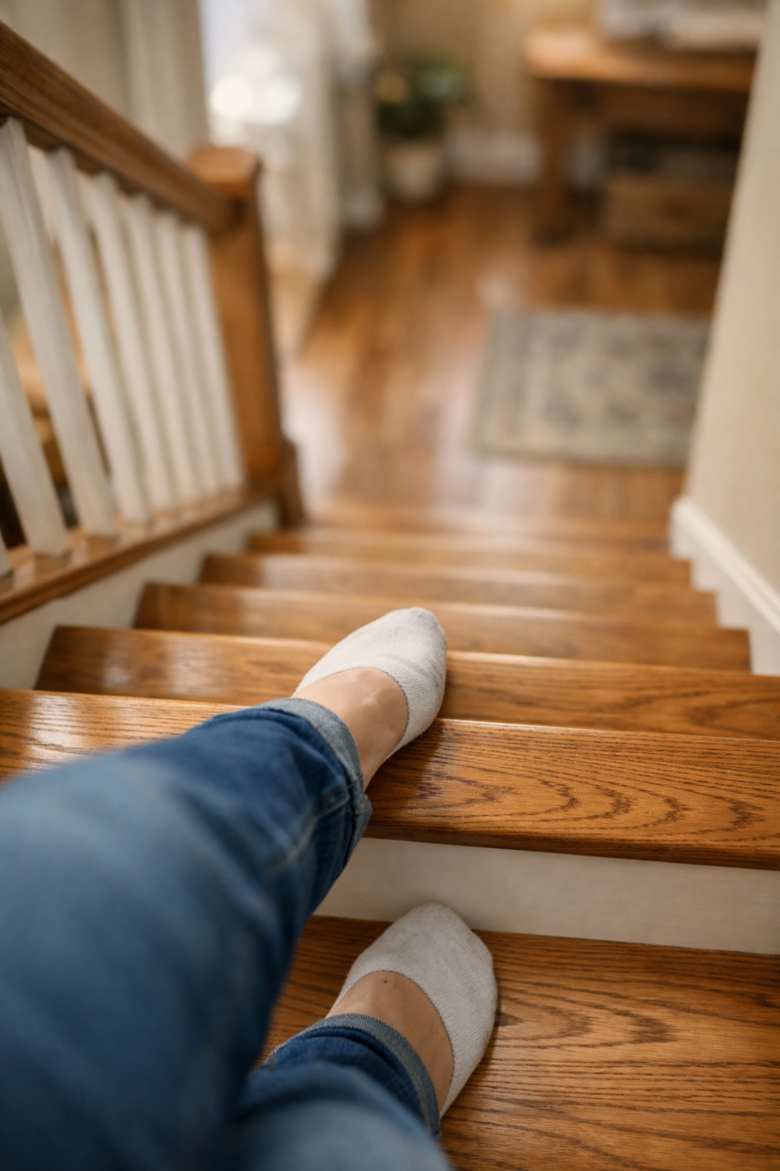 A close-up of a foot catching on an uneven stair riser, showing a common home trip hazard.