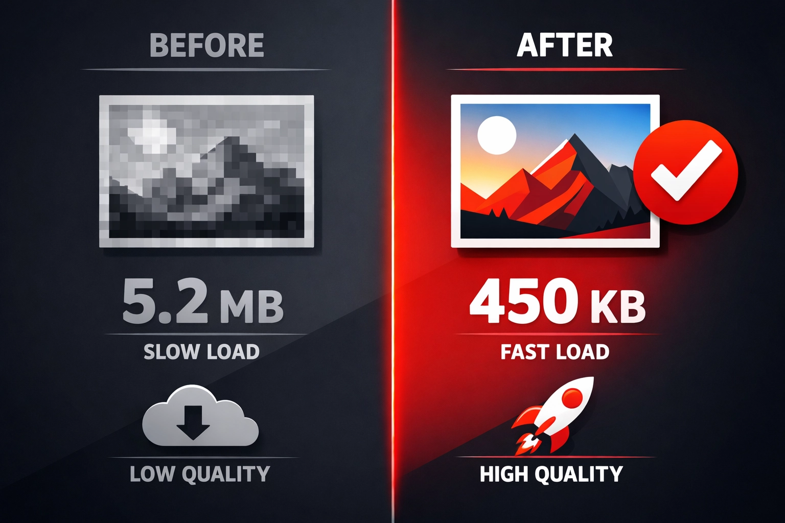 Before and after comparison of optimized website image showing reduced file size