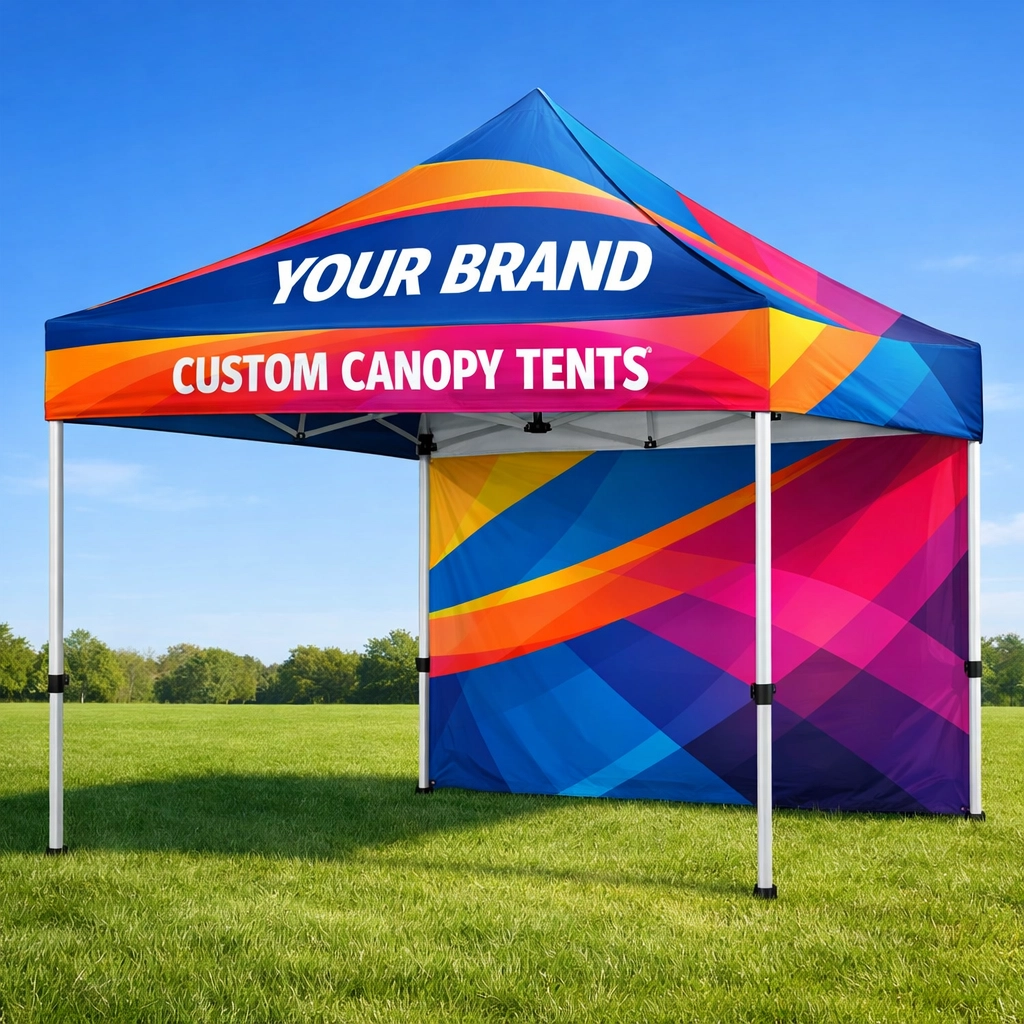 Custom canopy tent printing with full-color graphics and branded valance at outdoor event