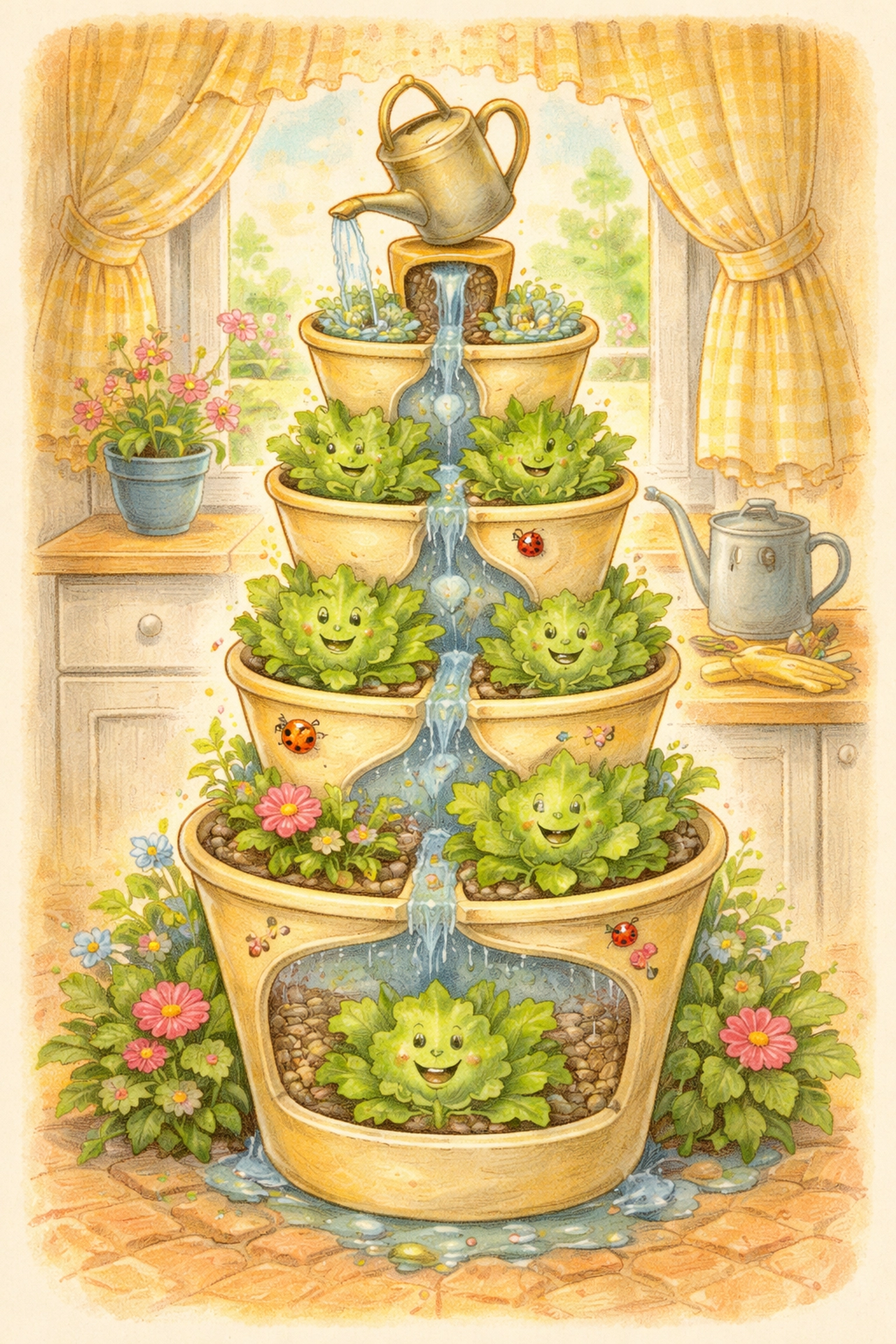 Hand-drawn cutaway of a vertical garden tower with cascading water and smiling cartoon lettuce plants, illustrating gravity-fed irrigation for indoor gardens.