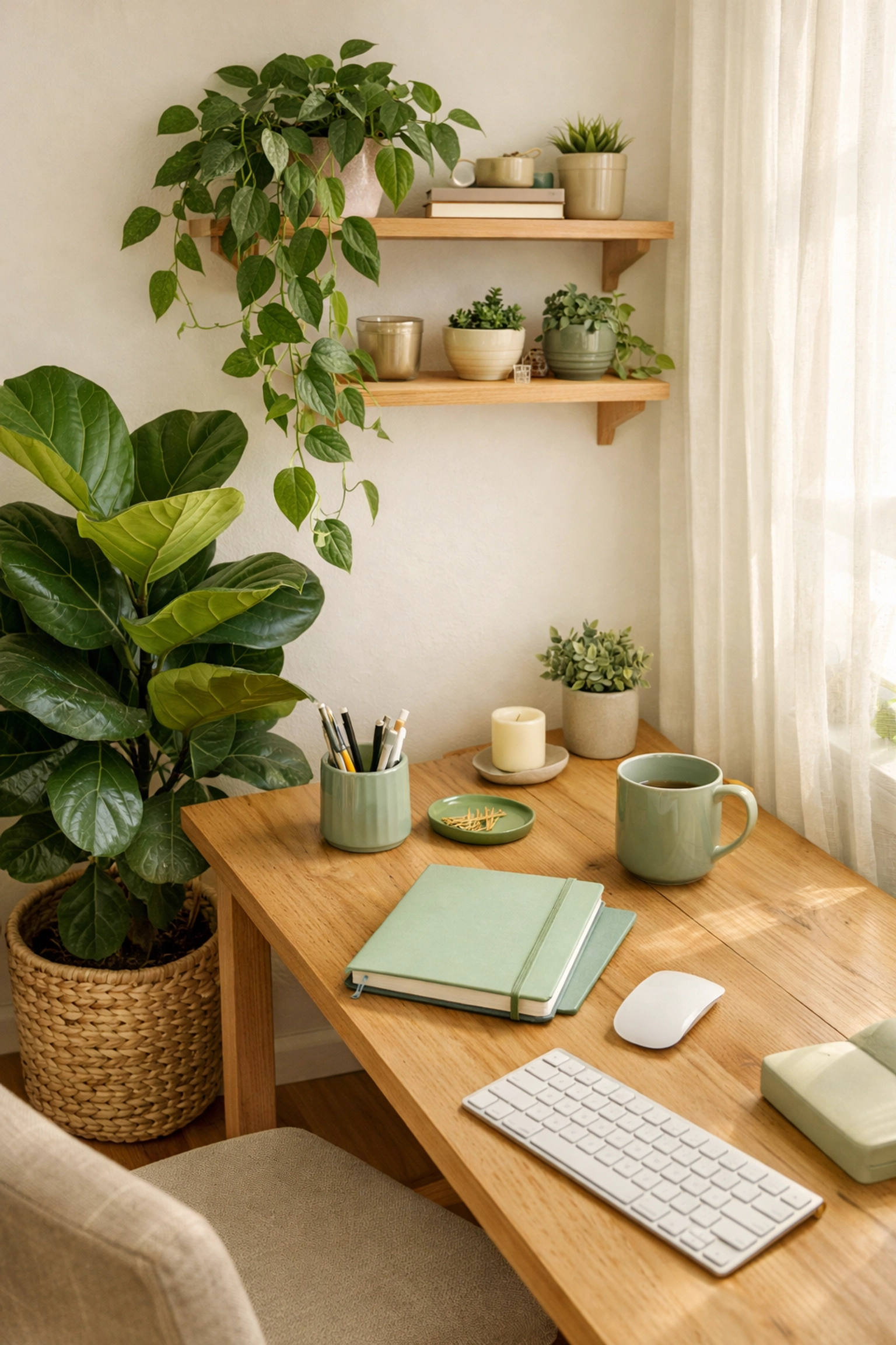 Green plants and sage accessories in serene home office corner for focus