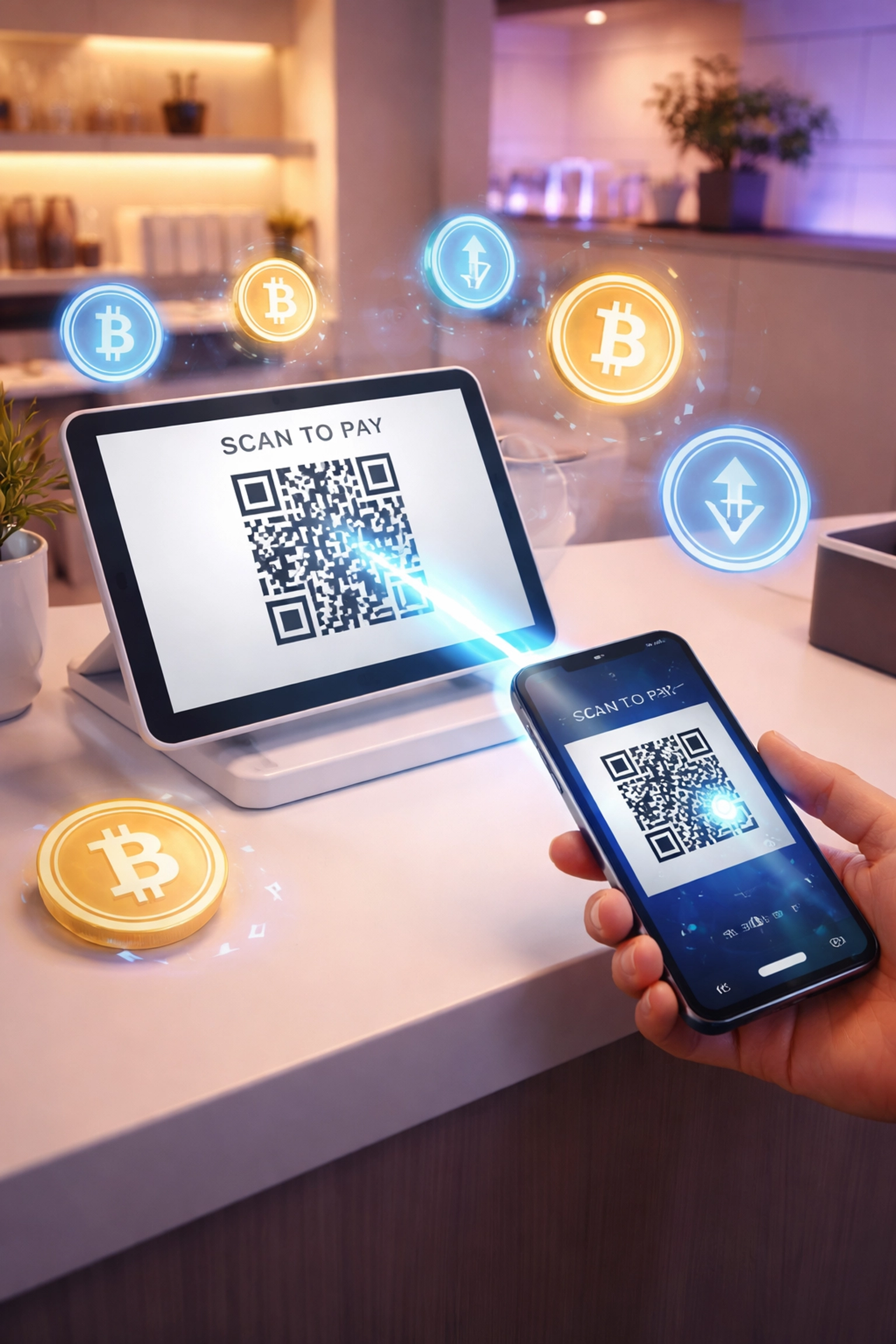 A customer scans a crypto POS QR code in a small business, showcasing modern cryptocurrency payment solutions for retailers.