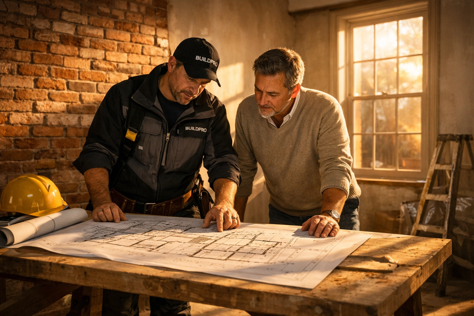 Homeowner and professional builder reviewing architectural plans during a house renovation project.