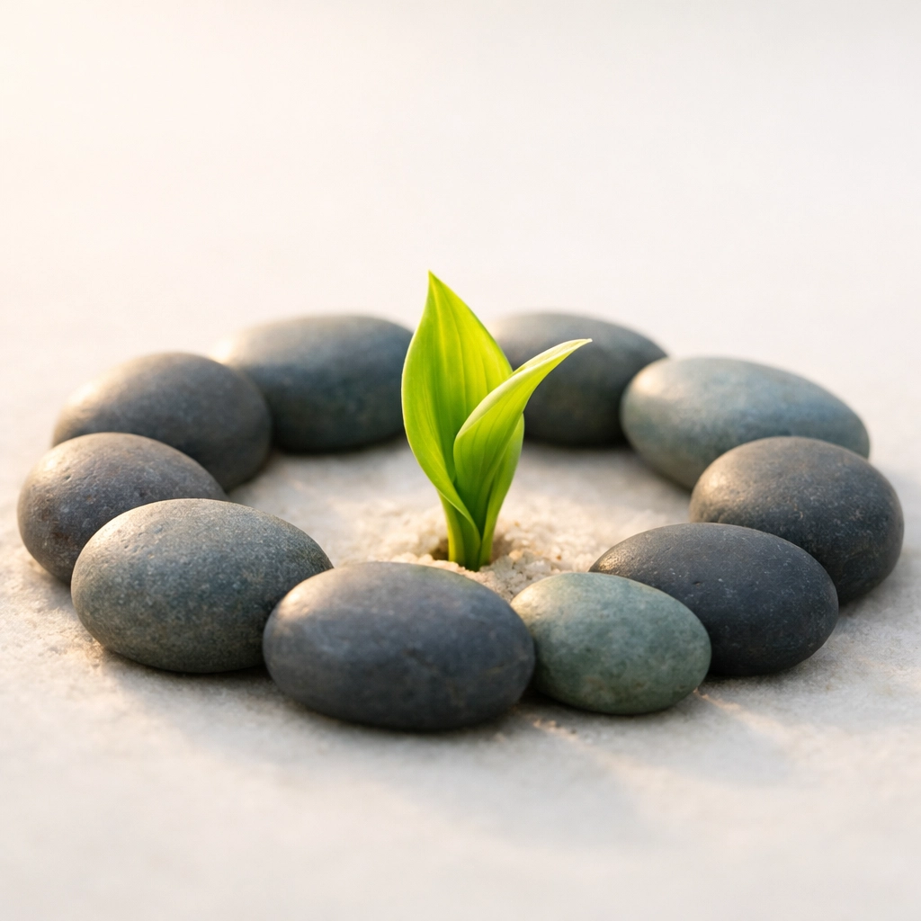 A green leaf growing from protective stones, representing resilience and personal growth in a safe environment.