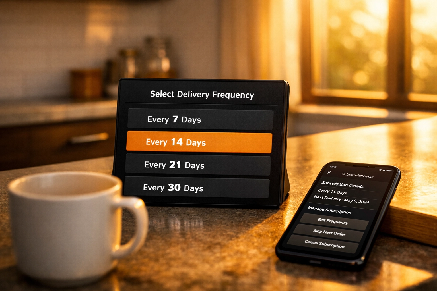 Coffee subscription delivery frequency options displayed on digital calendar with fresh coffee