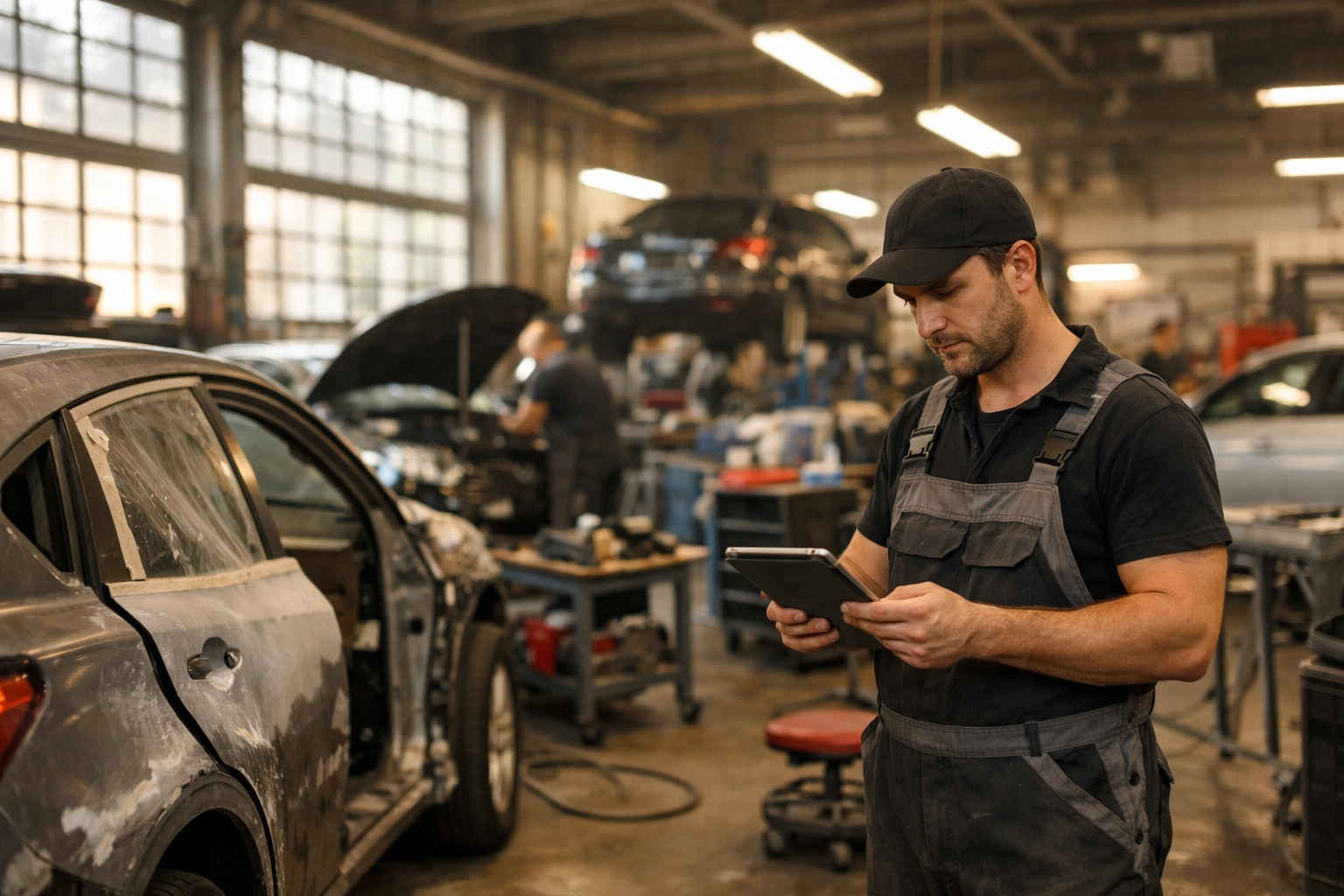 Busy car body shop with mechanic using tablet for automated workflow management
