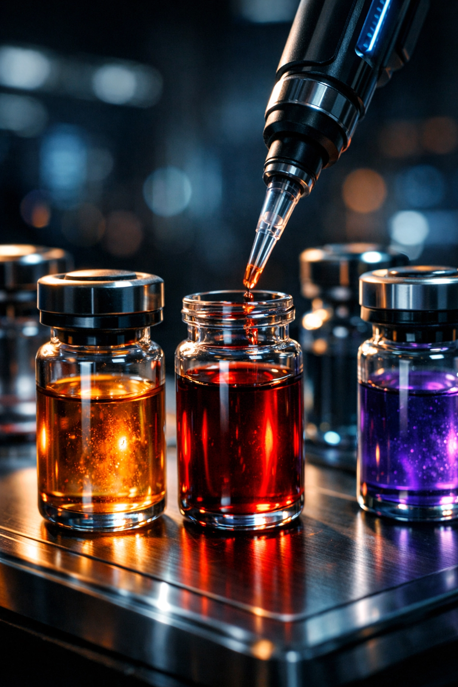 Specialized lab vials for blood biomarkers and longevity testing during a full-body health audit.