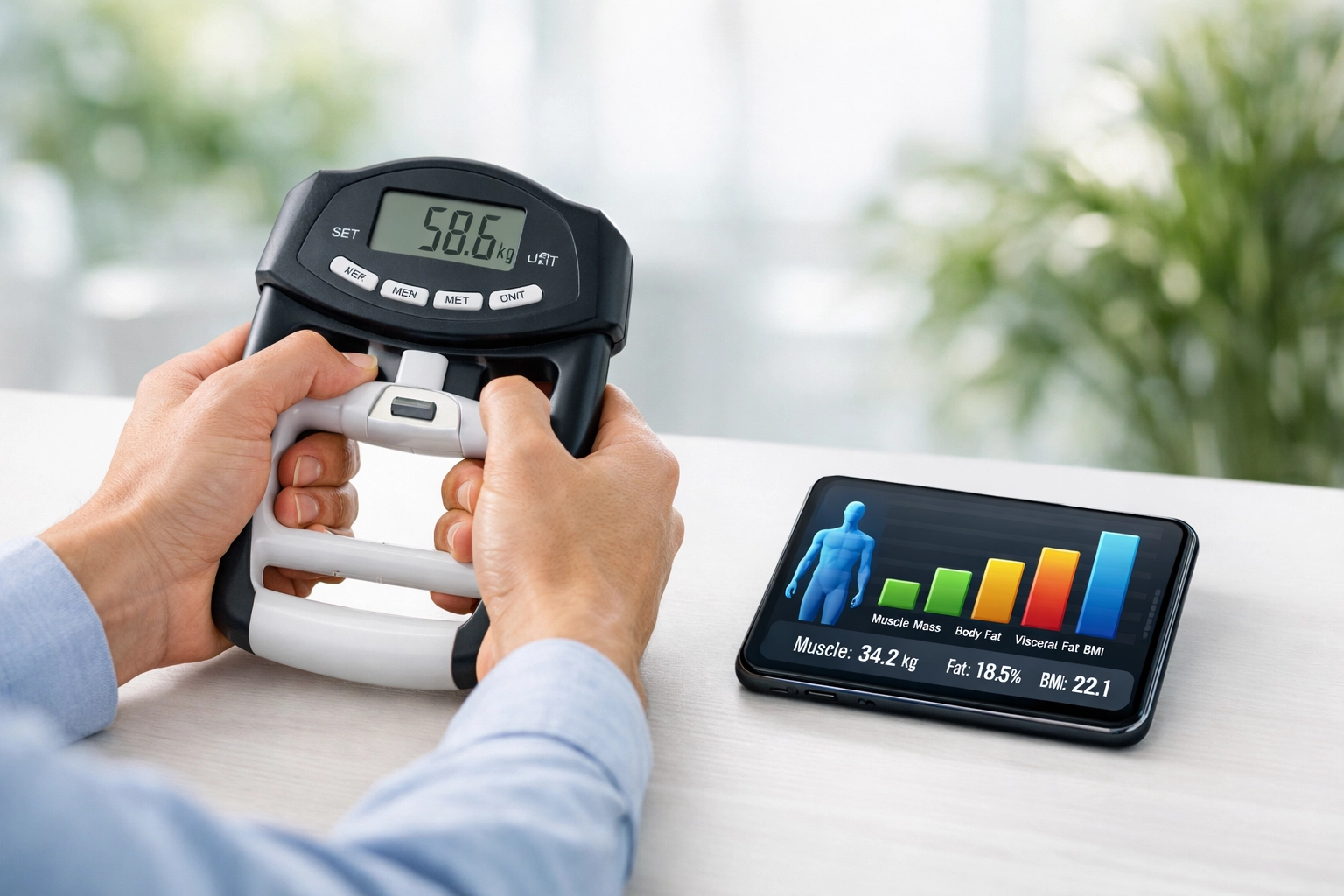 Monitoring muscle force and body composition using a digital dynamometer and health tracking app.