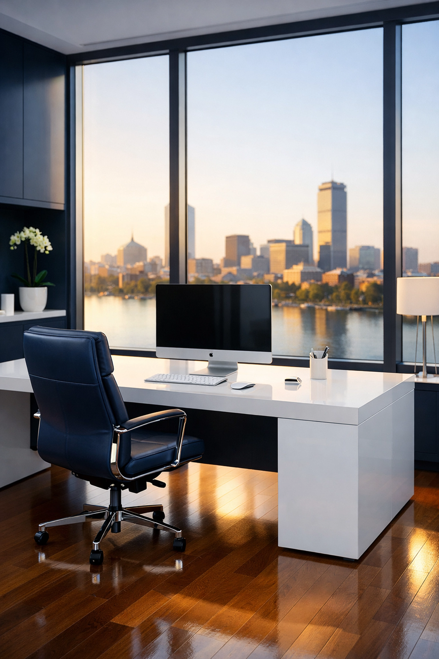 Clean minimalist executive office in Cambridge MA designed to maximize professional focus and daily productivity.