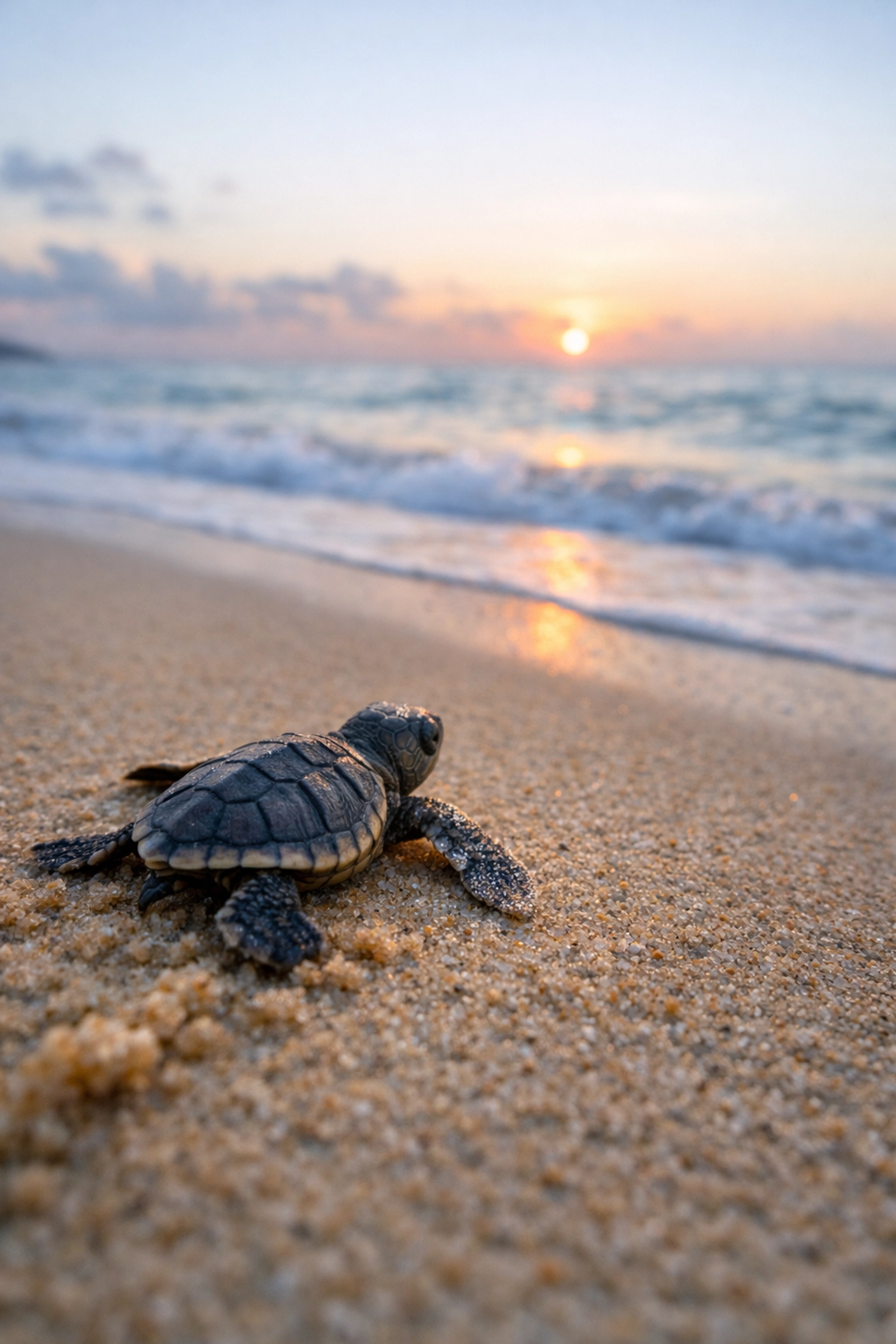 A sea turtle hatchling crawls toward the ocean as part of an aquarium breed and release conservation program.