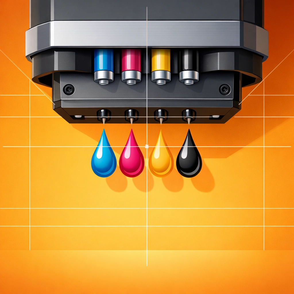 DTG printer print head nozzle alignment calibration with CMYK ink droplets
