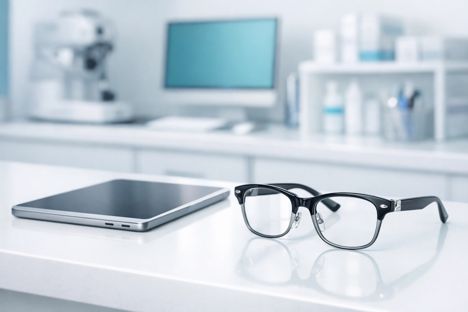 A minimalist optometry reception desk illustrating streamlined data capture for revenue cycle management.