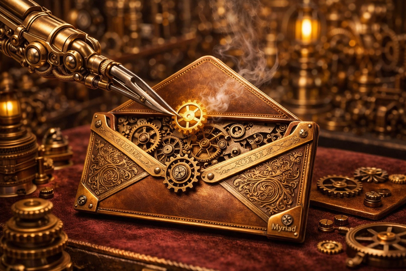 Steampunk mechanical envelope being trimmed to reduce weight and prevent Gmail email newsletter clipping.