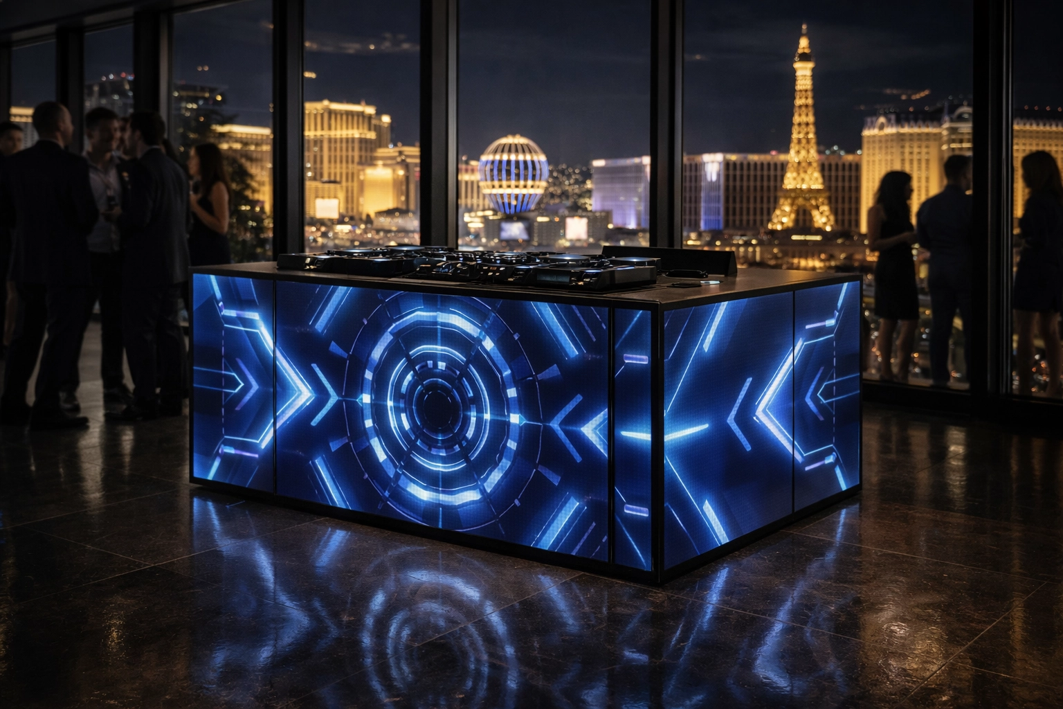 Seamless modular LED display panels on a modern DJ booth at a Las Vegas corporate event