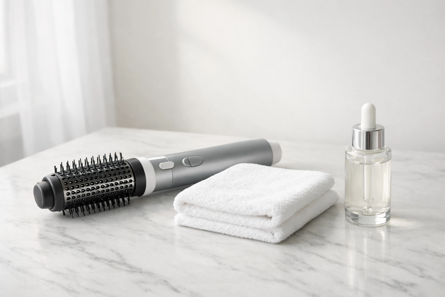 Essential professional hair styling tools including a blow-dry brush and microfiber towel.