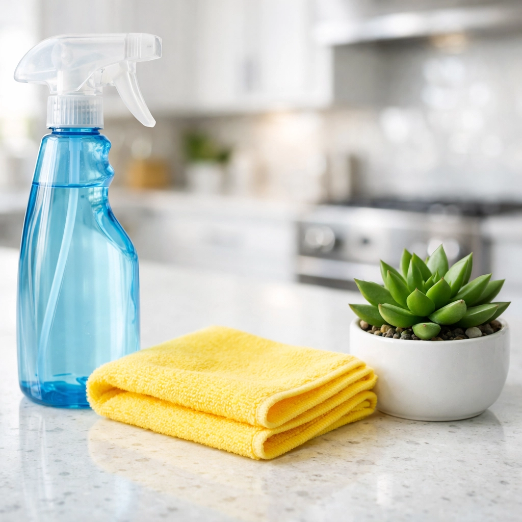 Eco-friendly cleaning supplies on a pristine white kitchen counter for House Cleaning Millbury MA.